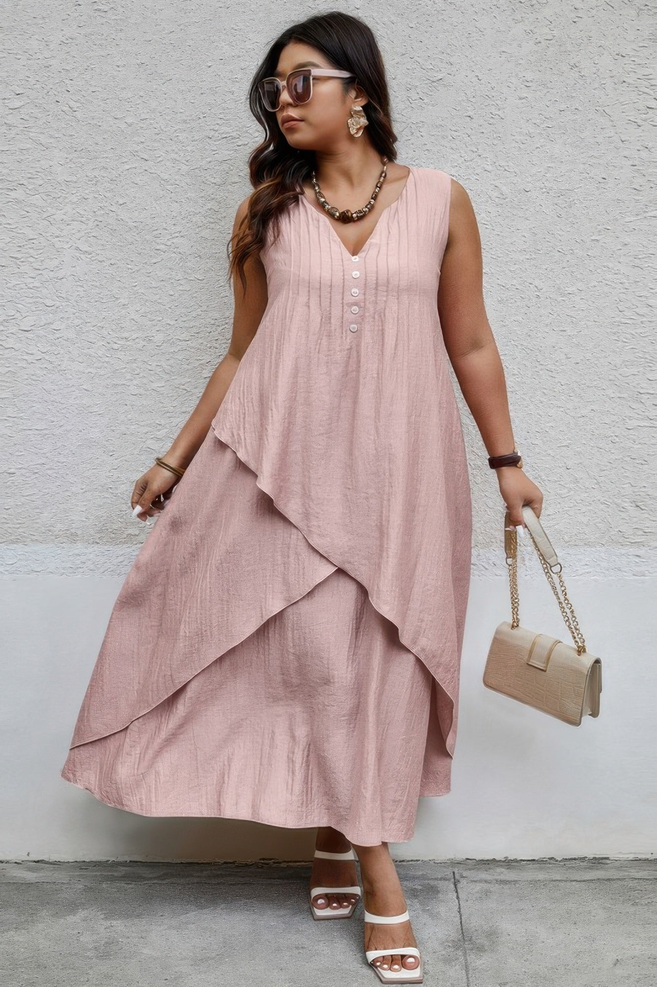 Solid Plus Notched Neck Wrap Sleeveless Loose Dress - Tigbul's Variety Fashion Shop