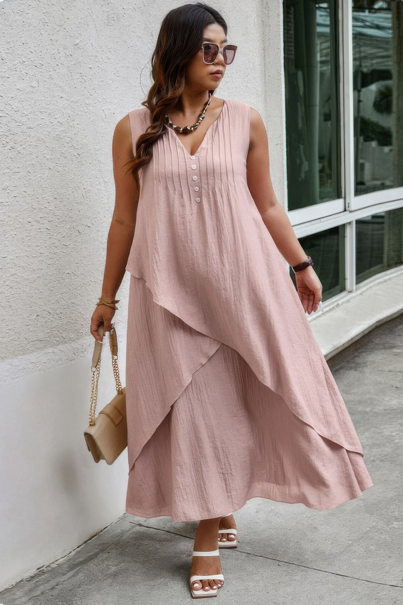 Solid Plus Notched Neck Wrap Sleeveless Loose Dress - Tigbul's Variety Fashion Shop
