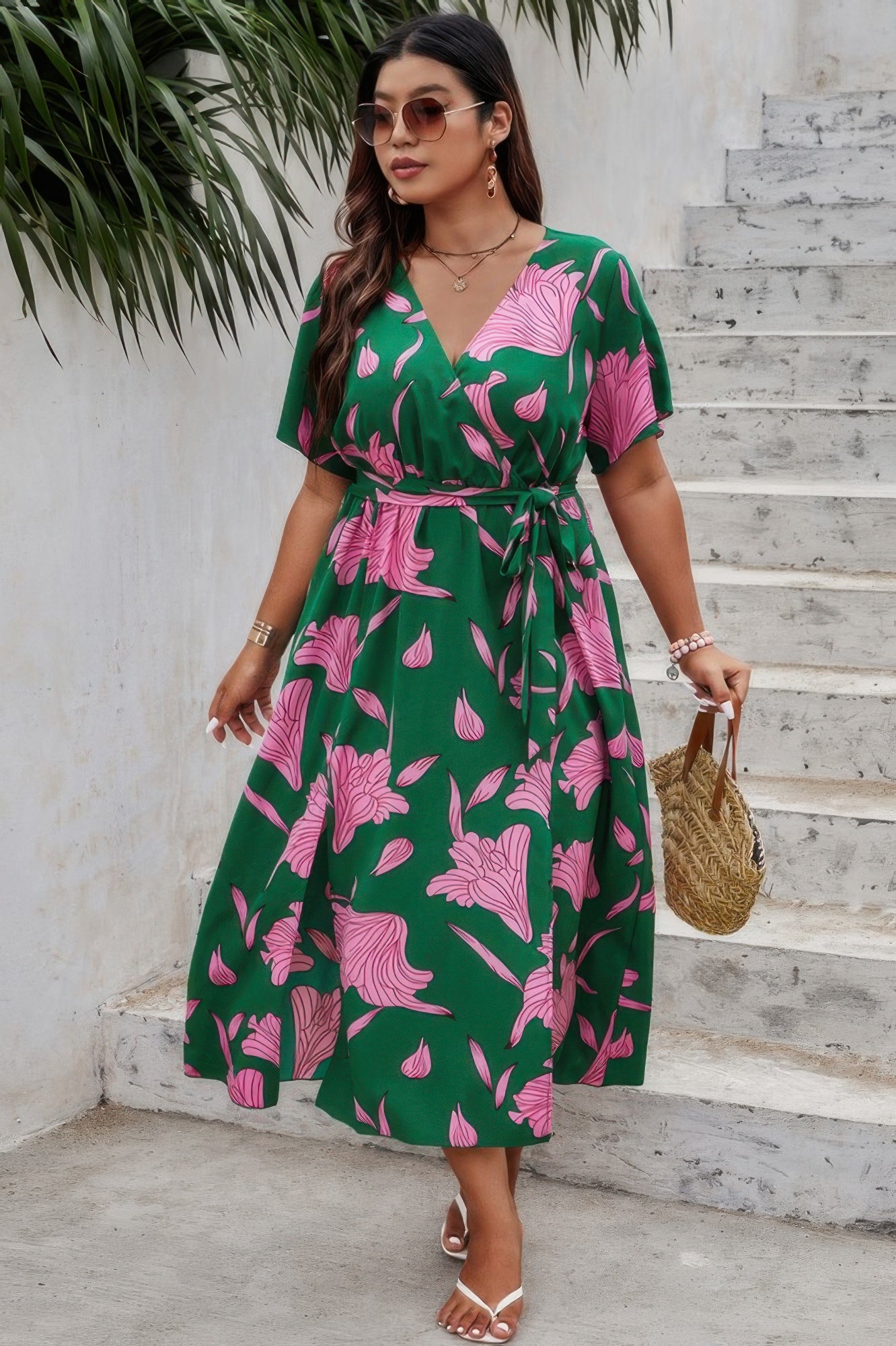 Plus Floral Short Sleeve Split Belted Midi Dress - Tigbul's Variety Fashion Shop