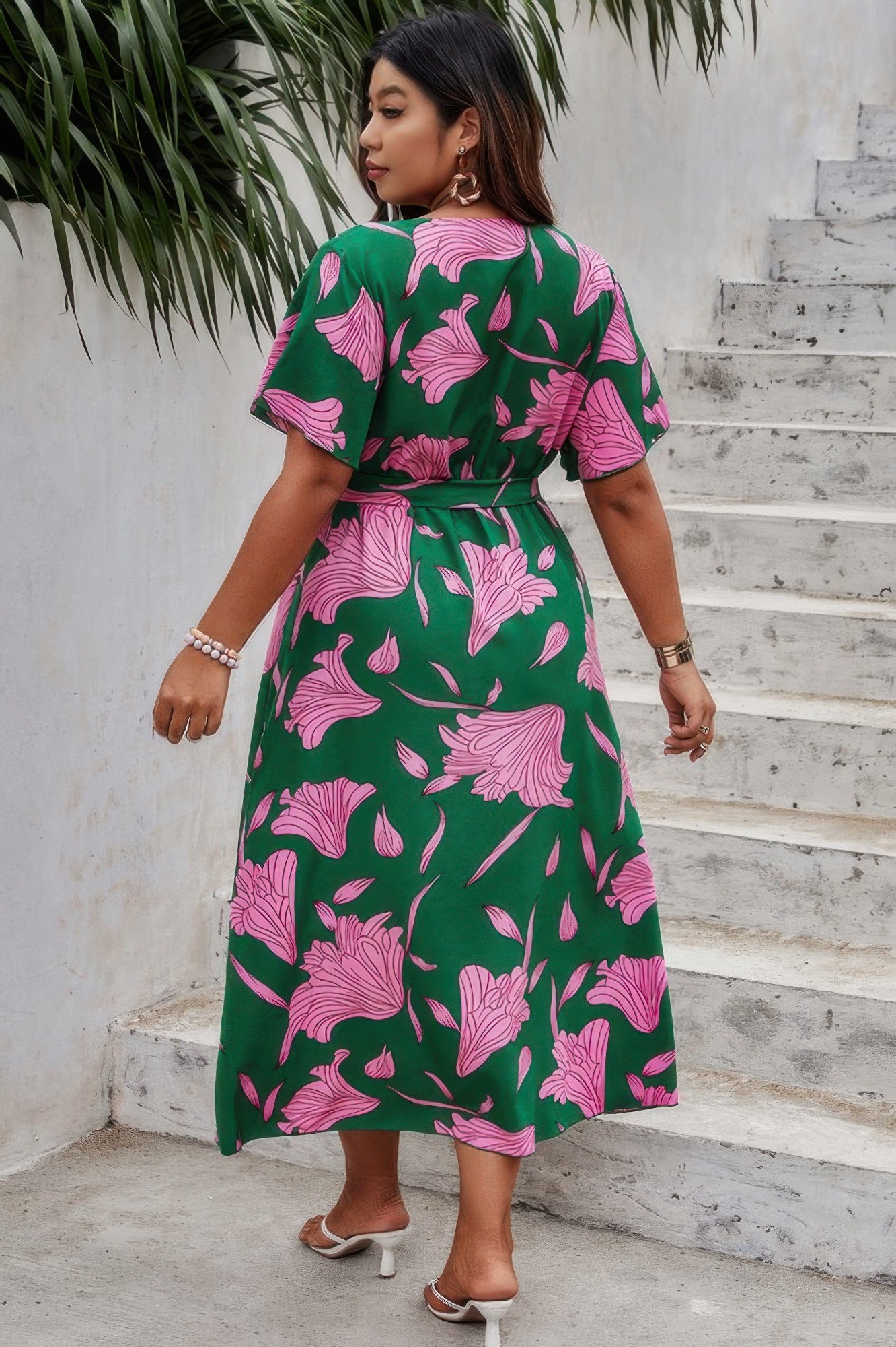 Plus Floral Short Sleeve Split Belted Midi Dress - Tigbul's Variety Fashion Shop