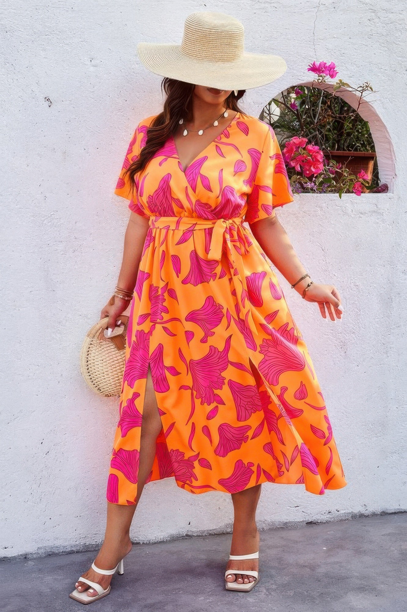 Plus Floral Short Sleeve Split Belted Midi Dress - Tigbul's Variety Fashion Shop