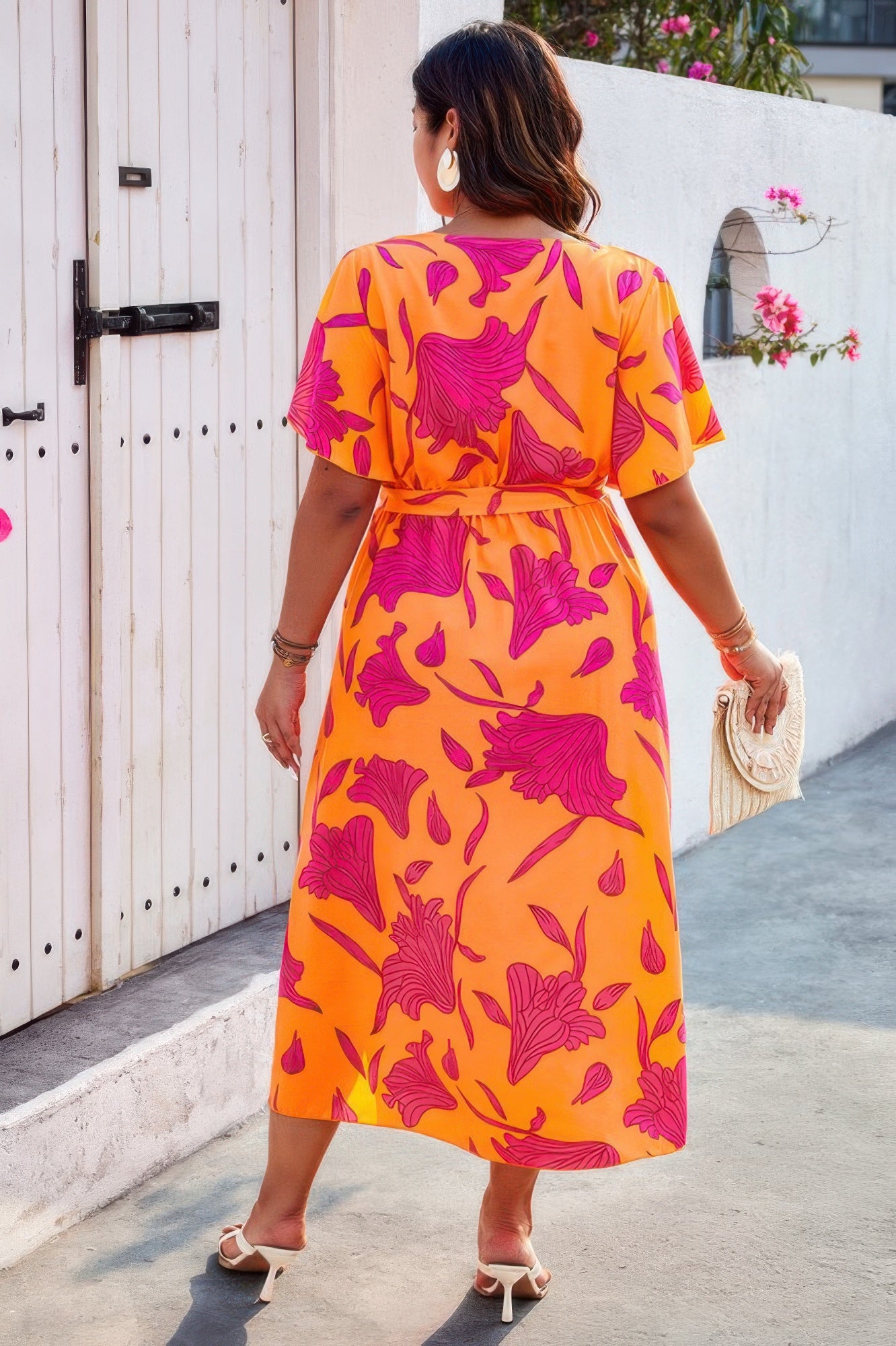 Plus Floral Short Sleeve Split Belted Midi Dress - Tigbul's Variety Fashion Shop