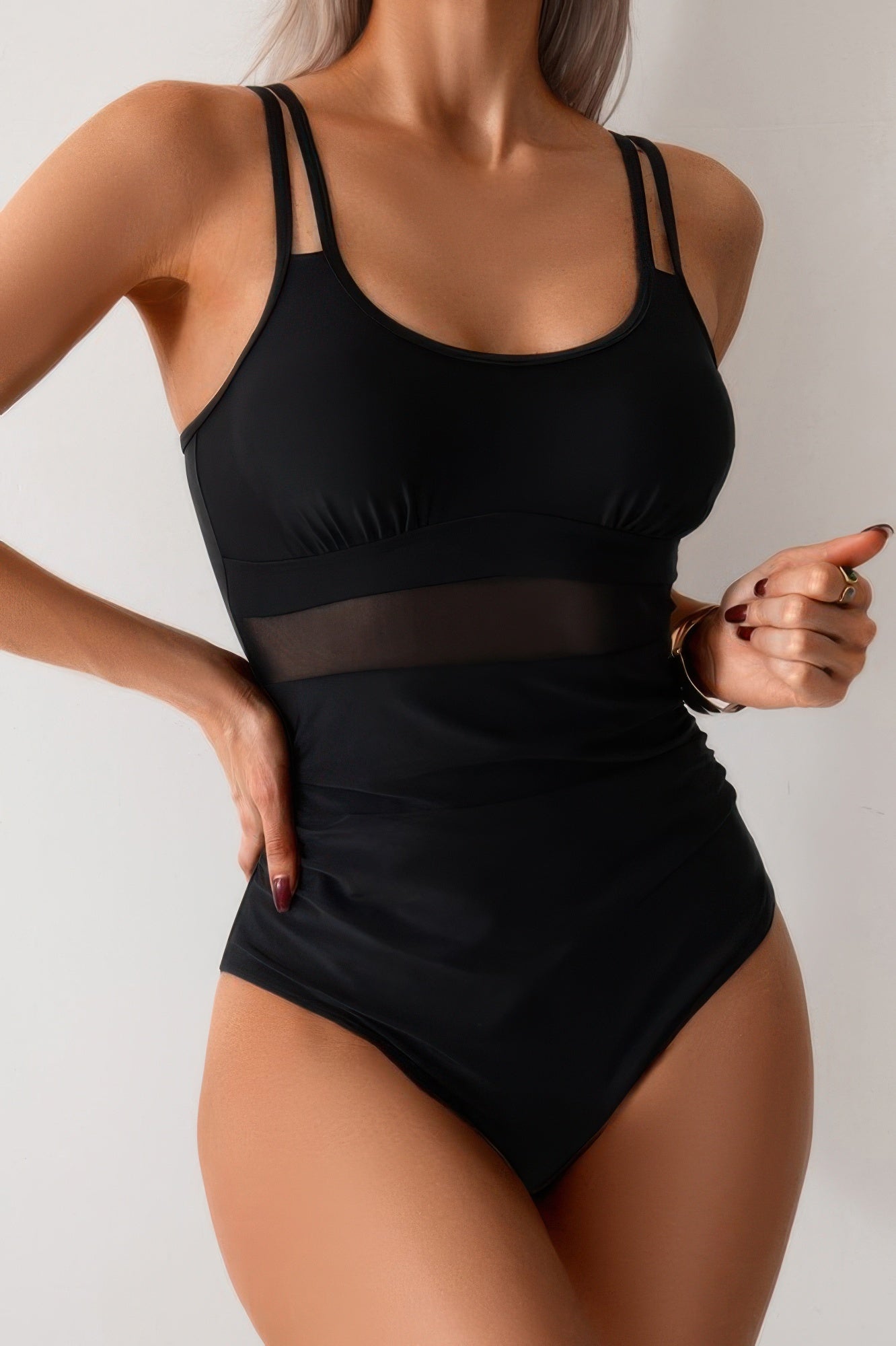 Solid Square Beck Double Strap Mesh Swimsuit - Tigbul's Variety Fashion Shop