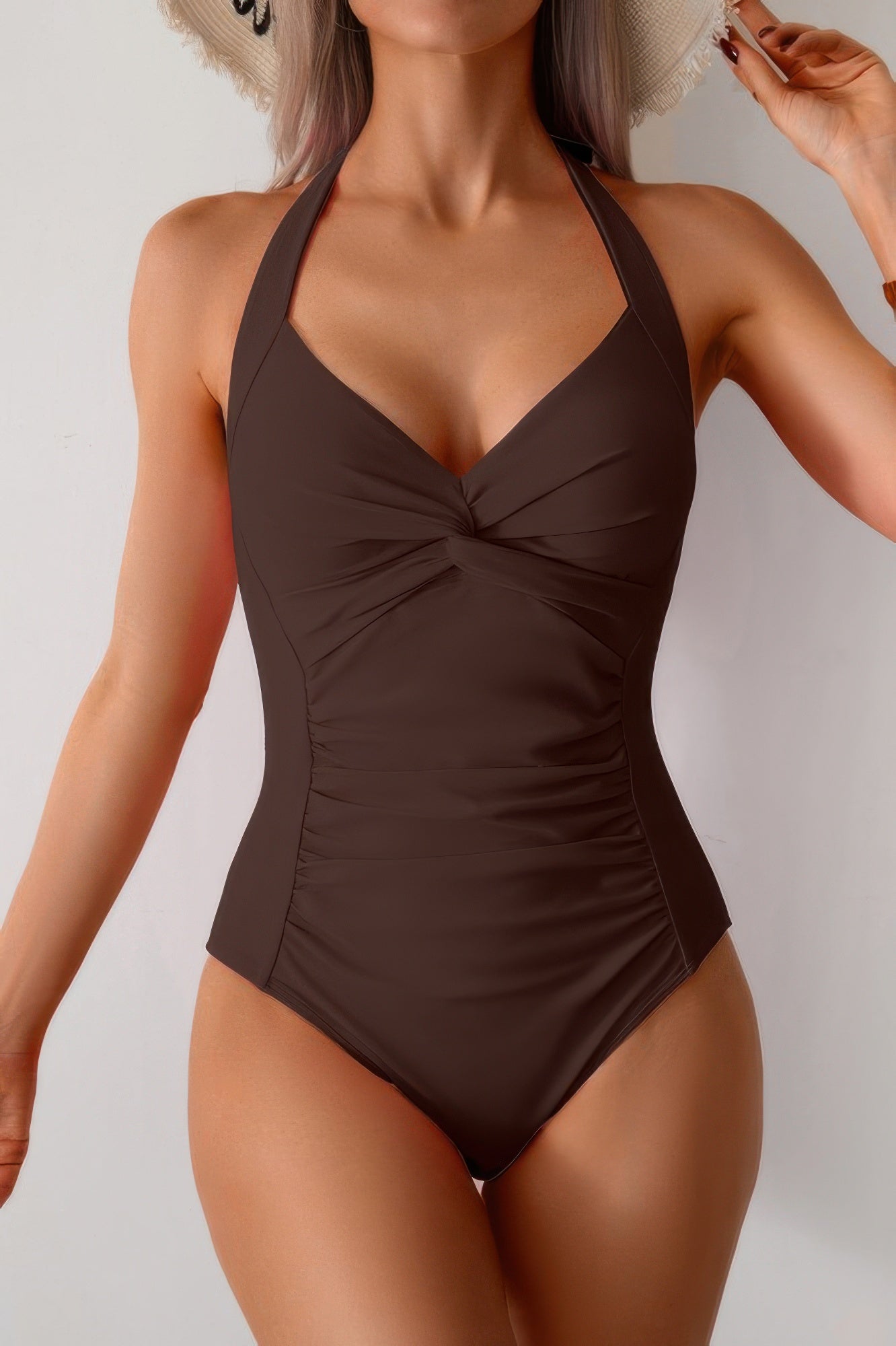 V Neck Halter One Piece Ruched Backless Swimsuit - Tigbul's Variety Fashion Shop