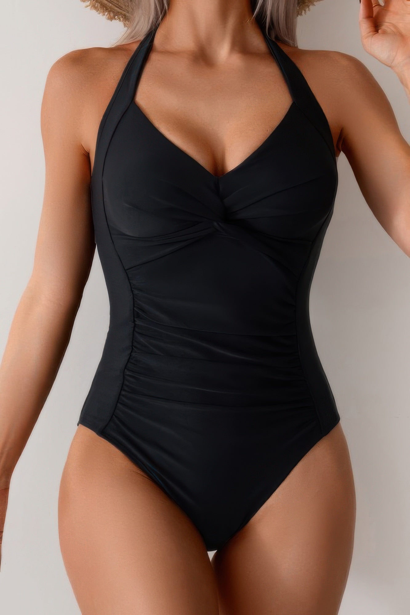 V Neck Halter One Piece Ruched Backless Swimsuit - Tigbul's Variety Fashion Shop
