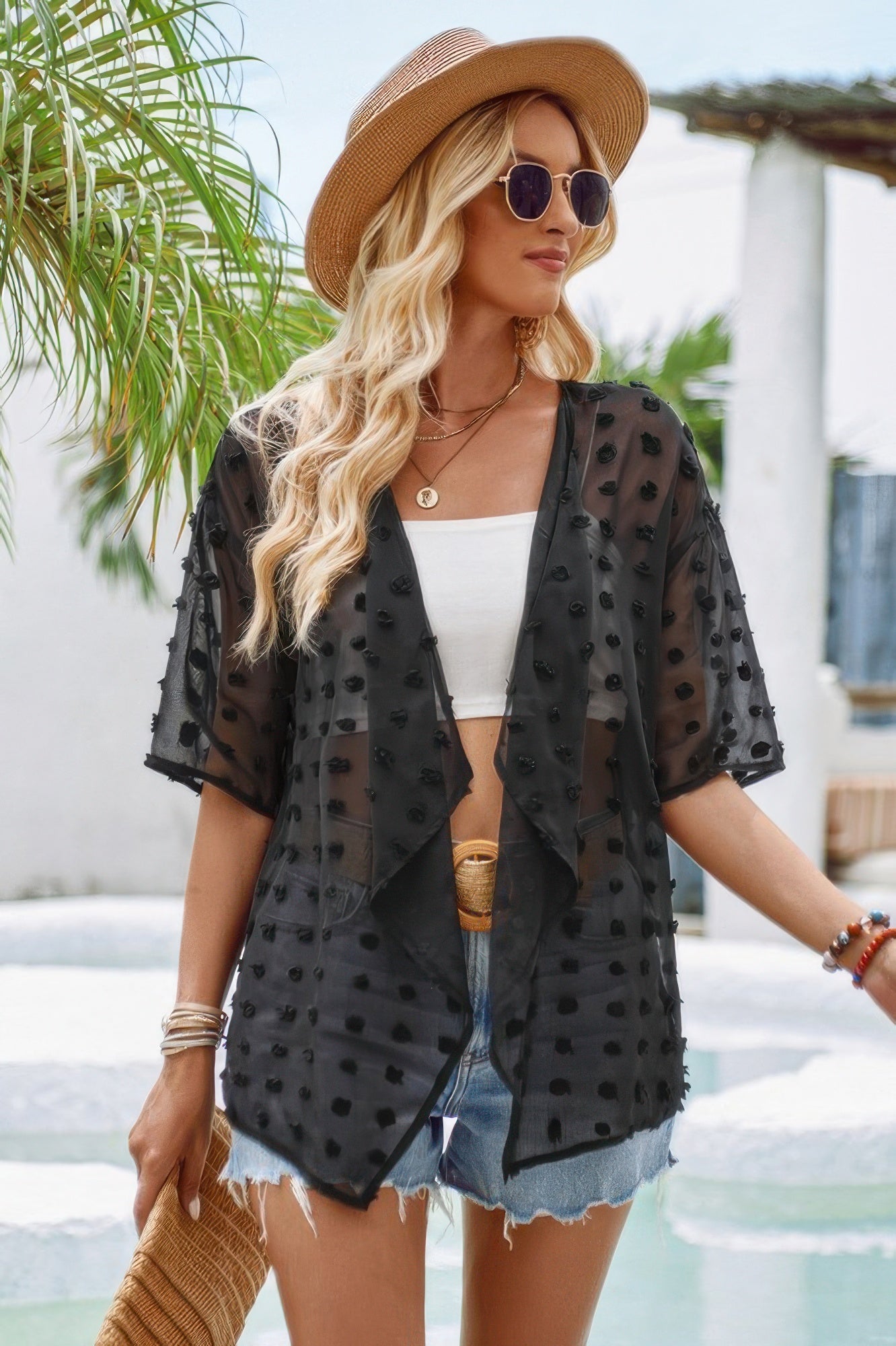 See Through Swiss Dot Loose Kimono - Tigbul's Variety Fashion Shop