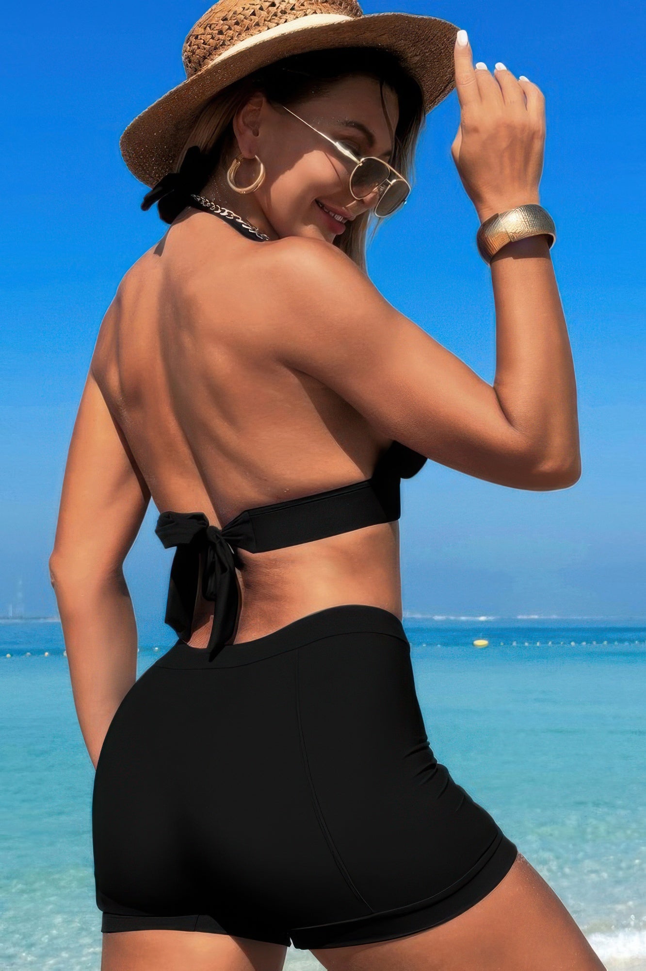 Two Pieces Solid Halter V Neck High Waist Swimsuit - Tigbul's Variety Fashion Shop