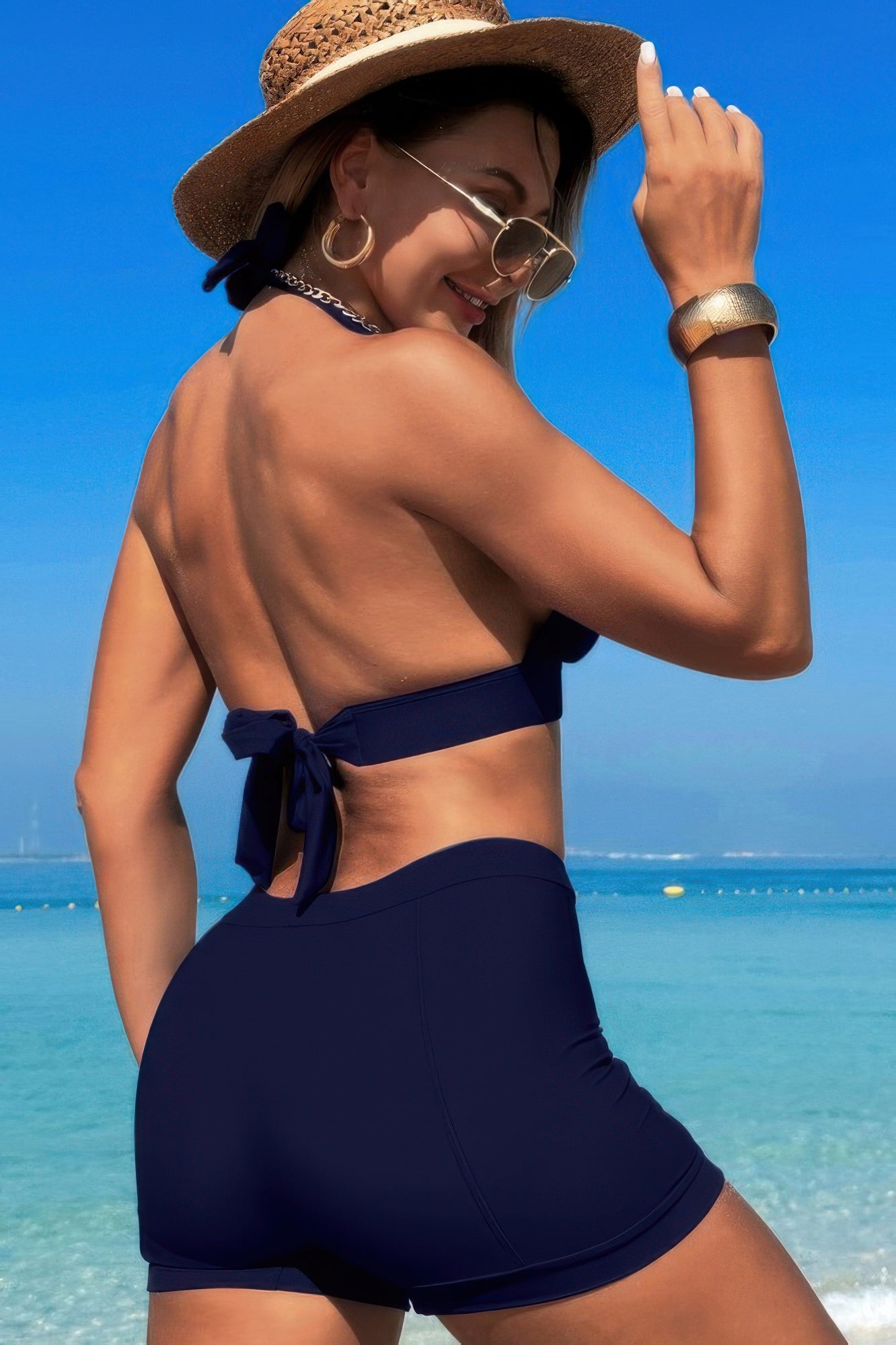 Two Pieces Solid Halter V Neck High Waist Swimsuit - Tigbul's Variety Fashion Shop