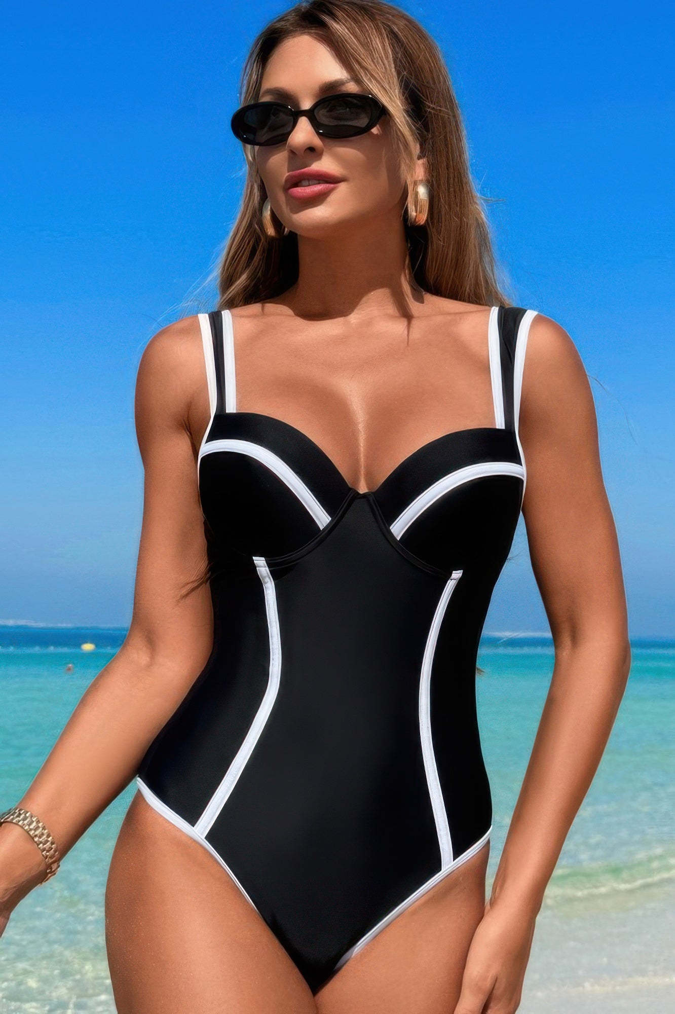 Stripe Sweetheart Neckline One Piece Swimsuit - Tigbul's Variety Fashion Shop