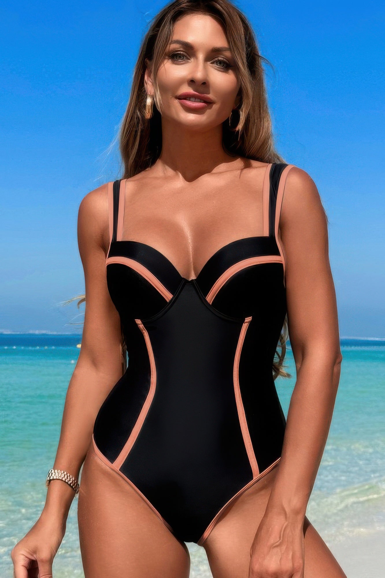 Stripe Sweetheart Neckline One Piece Swimsuit - Tigbul's Variety Fashion Shop