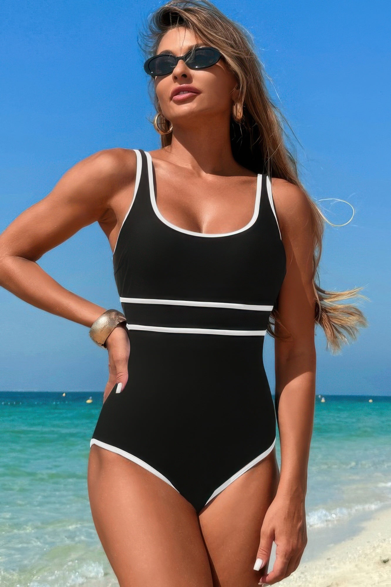 U Neck Contrast Trim Strip One Piece Swimsuit - Tigbul's Variety Fashion Shop