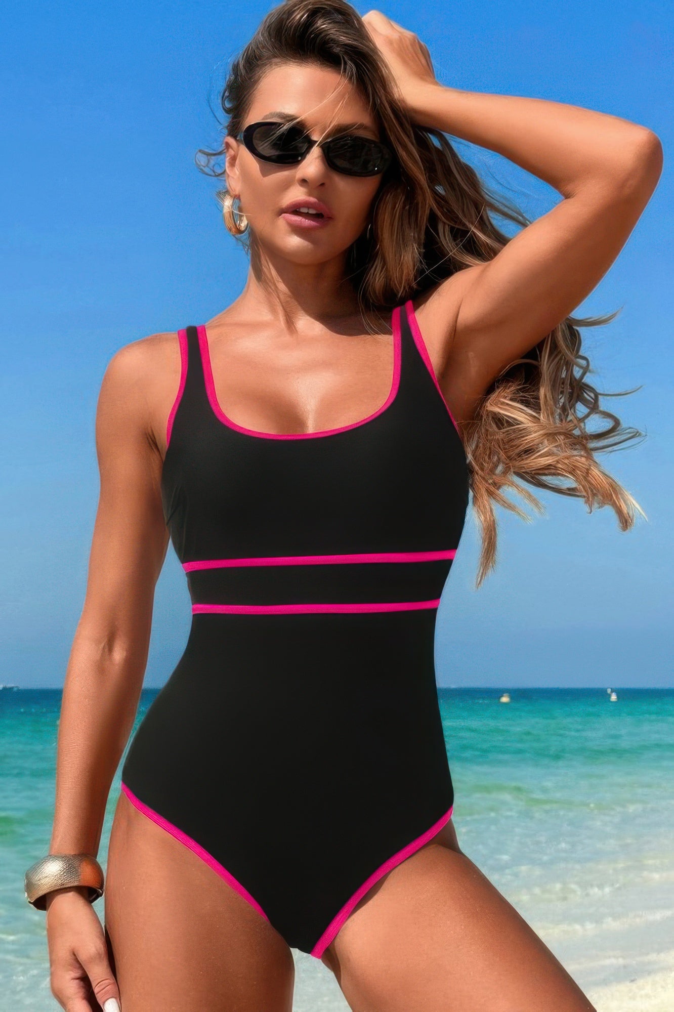 U Neck Contrast Trim Strip One Piece Swimsuit - Tigbul's Variety Fashion Shop