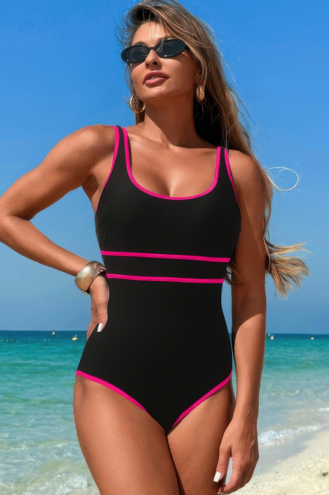 U Neck Contrast Trim Strip One Piece Swimsuit - Tigbul's Variety Fashion Shop