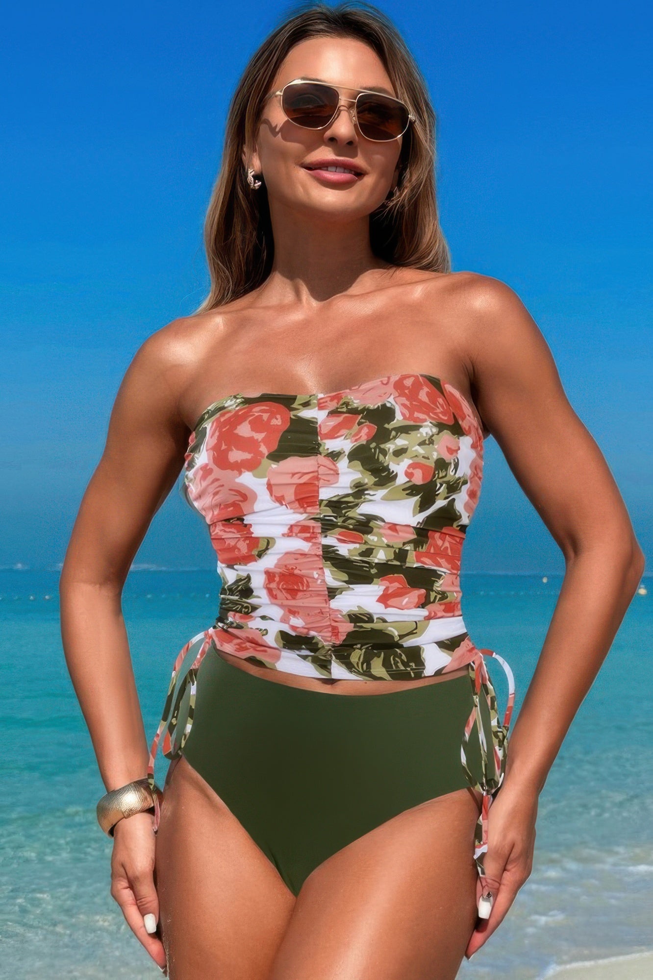 Strapless Ruche Drawstring Side Two Piece Swimsuit - Tigbul's Variety Fashion Shop