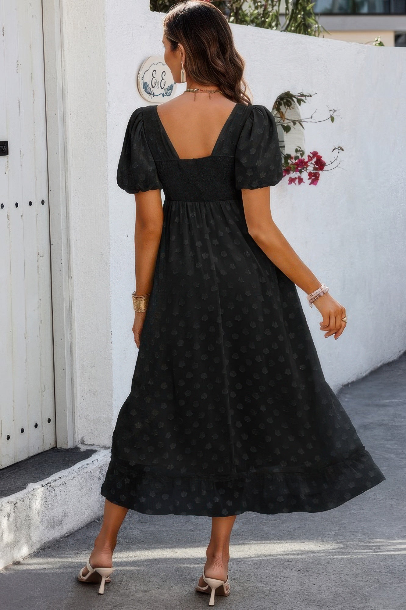 Square Neck Swiss Dot Ruffle Puff Sleeves Dress - Tigbul's Variety Fashion Shop