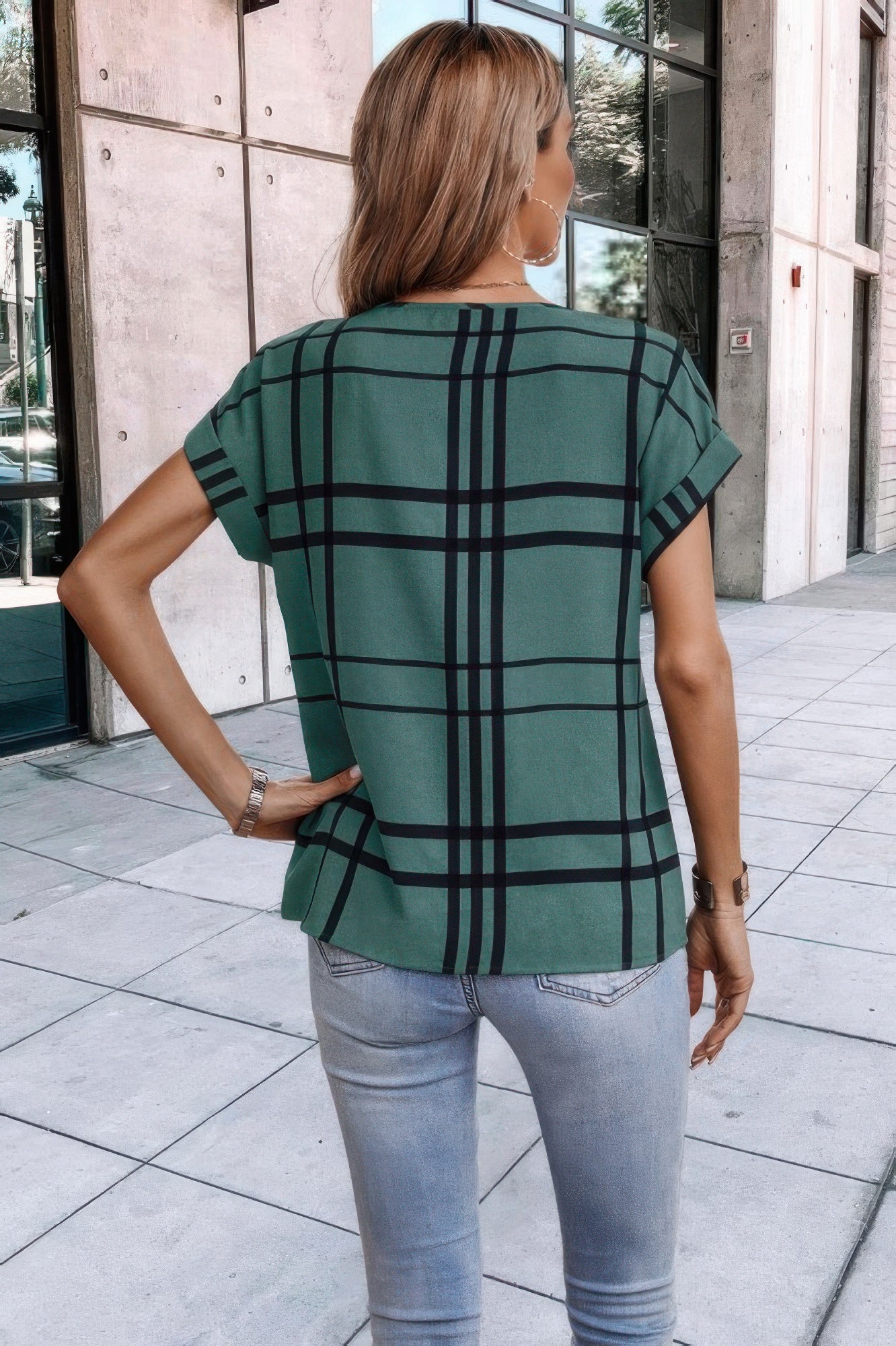 Plaid Print Notched Neckline Batwing Sleeve Blouse - Tigbul's Variety Fashion Shop