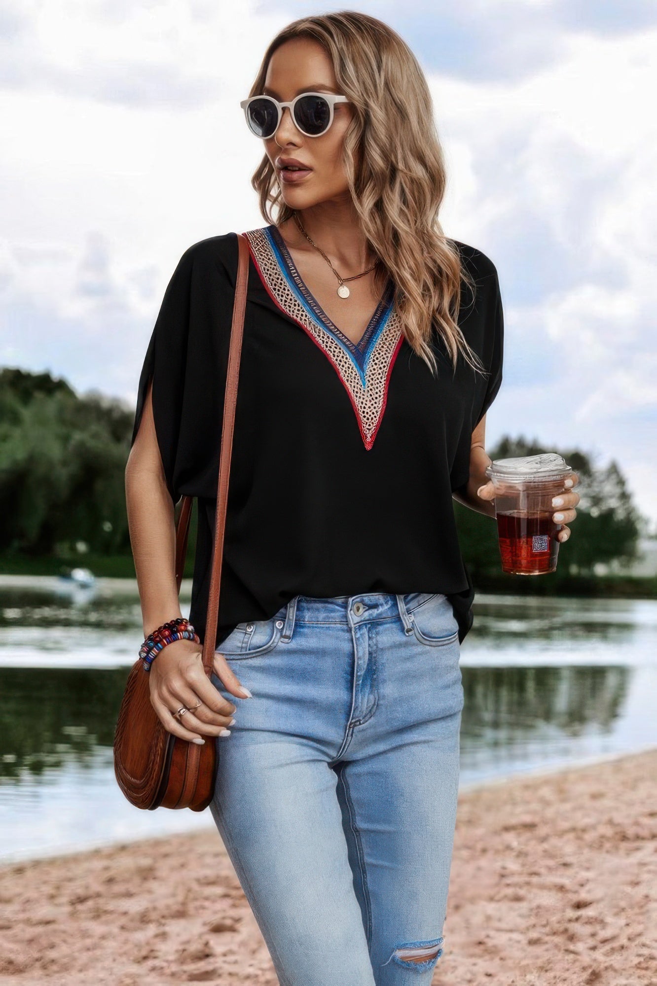 V Neck Short Dolman Sleeves Boho Loose Top - Tigbul's Variety Fashion Shop