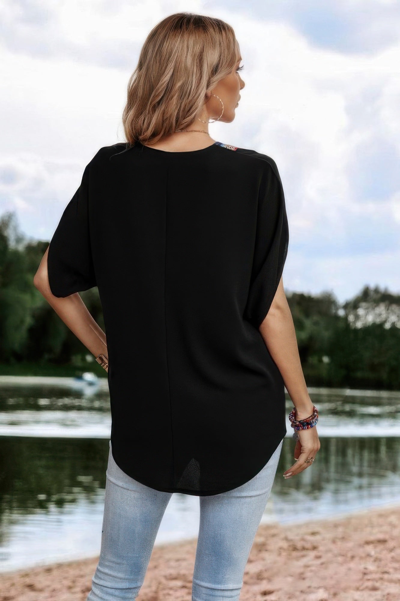 V Neck Short Dolman Sleeves Boho Loose Top - Tigbul's Variety Fashion Shop