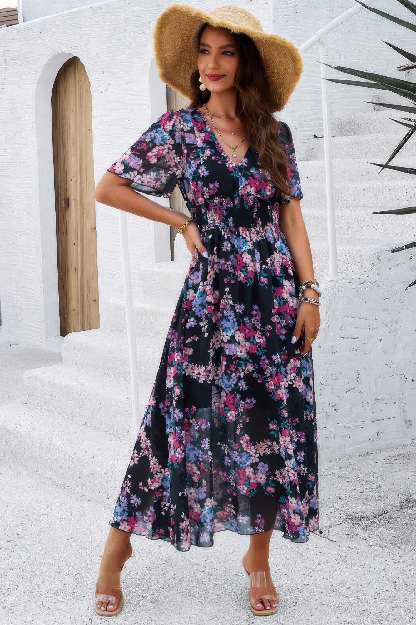 Boho Floral Print High Waist Band Fit Lined Dress - Tigbul's Variety Fashion Shop