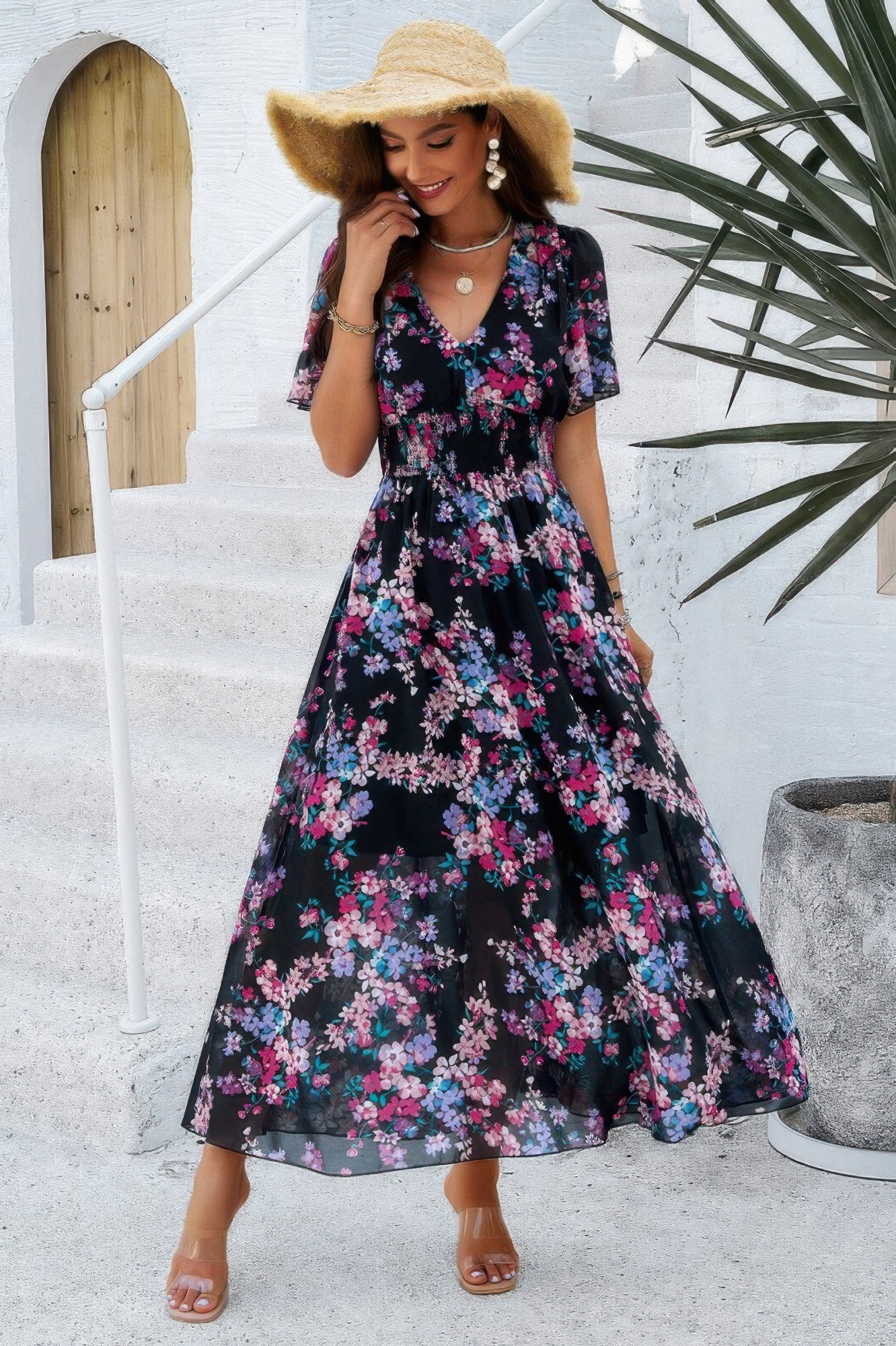 Boho Floral Print High Waist Band Fit Lined Dress - Tigbul's Variety Fashion Shop