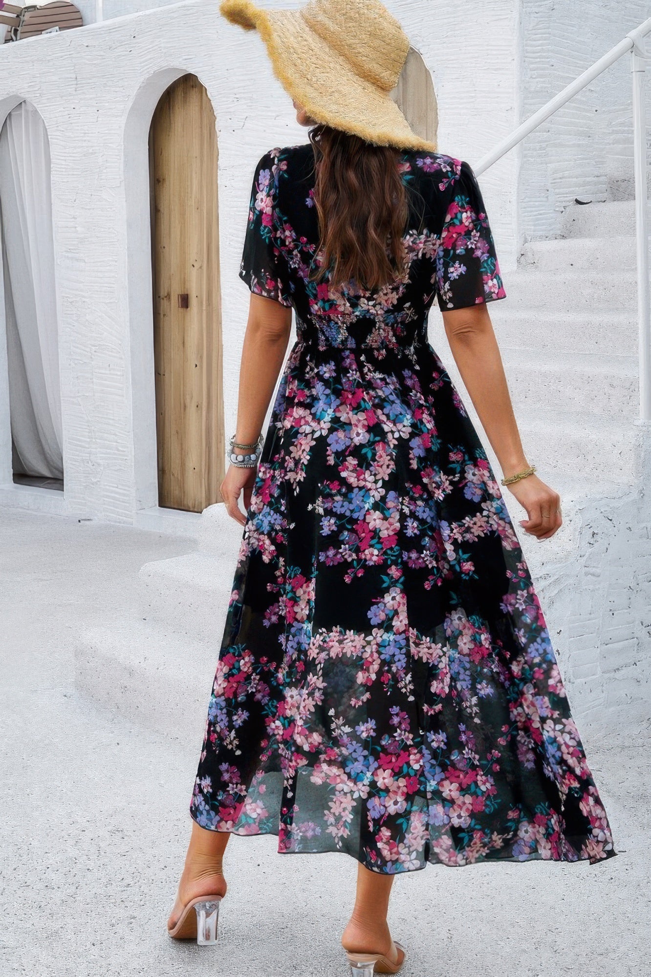 Boho Floral Print High Waist Band Fit Lined Dress - Tigbul's Variety Fashion Shop