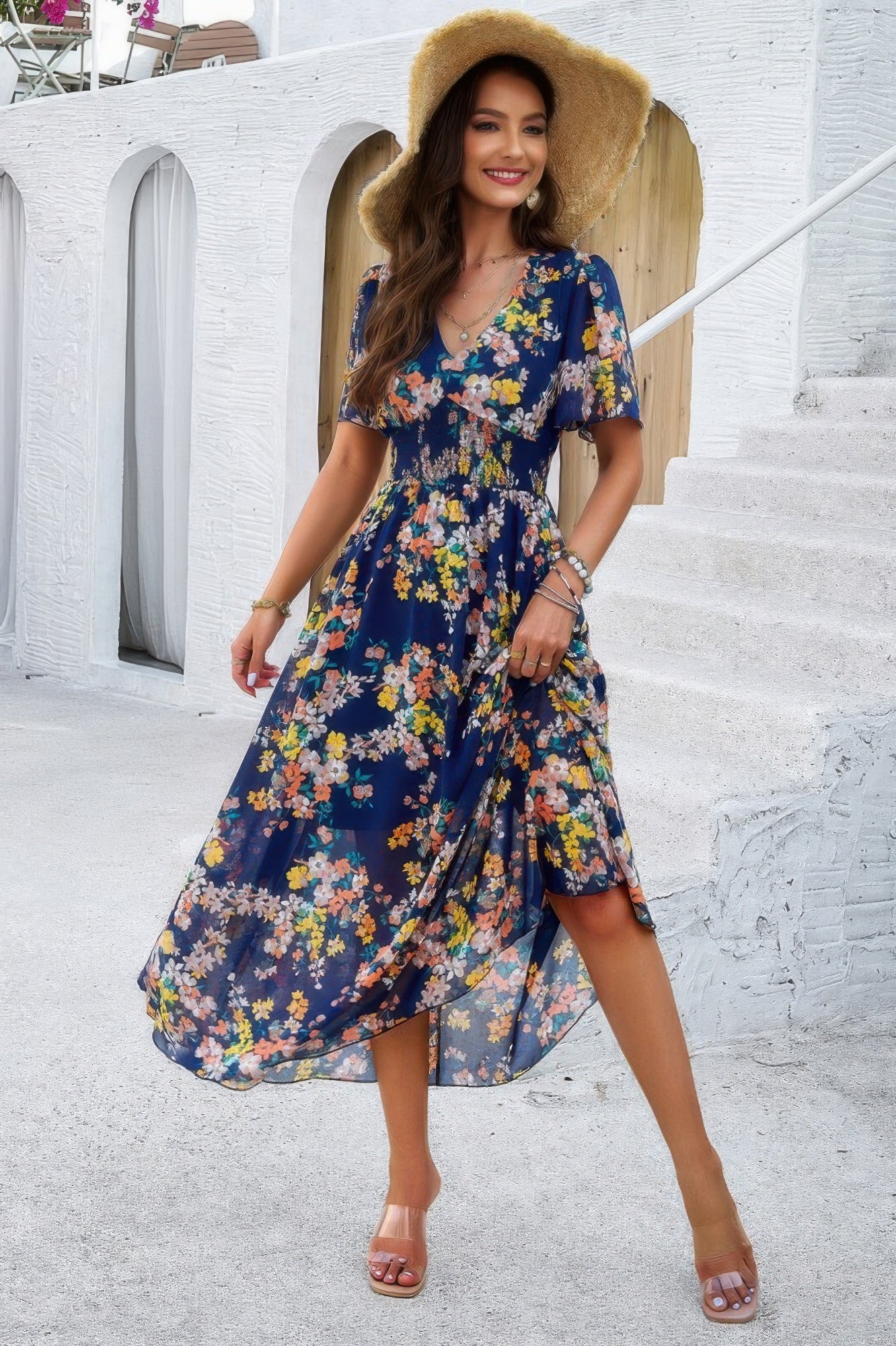 Boho Floral Print High Waist Band Fit Lined Dress - Tigbul's Variety Fashion Shop