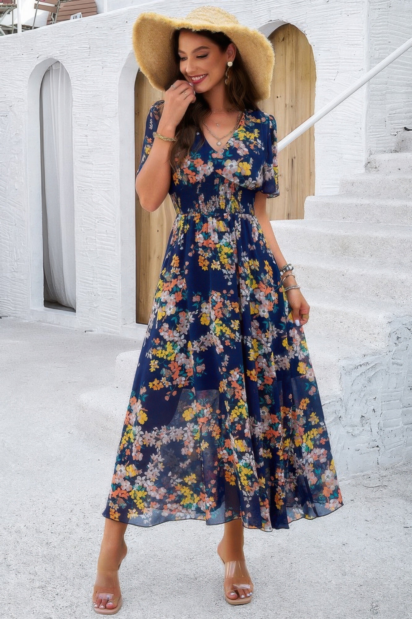 Boho Floral Print High Waist Band Fit Lined Dress - Tigbul's Variety Fashion Shop