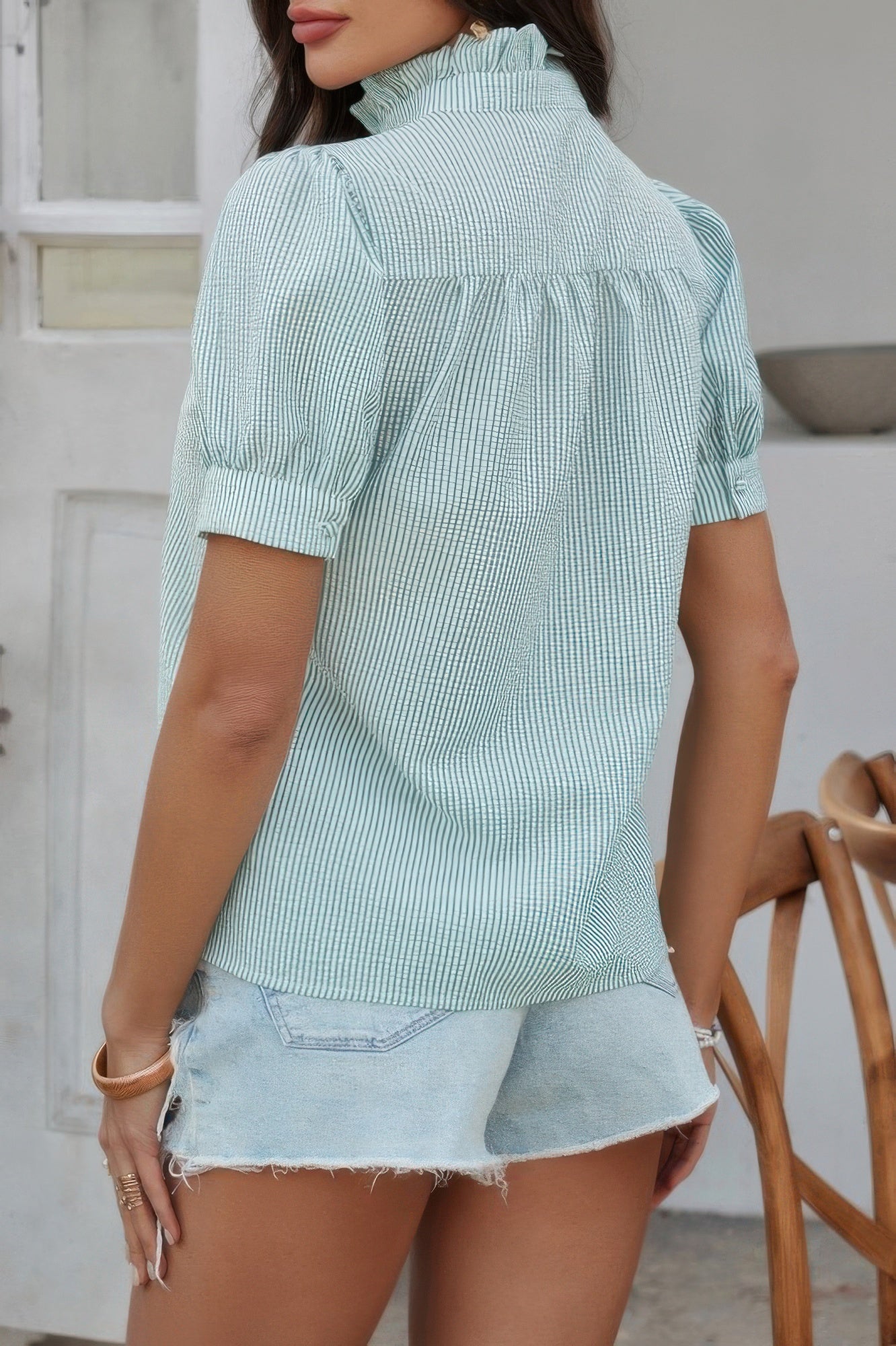 Stripe Button Down Ruffled Front Trim Shirt - Tigbul's Variety Fashion Shop