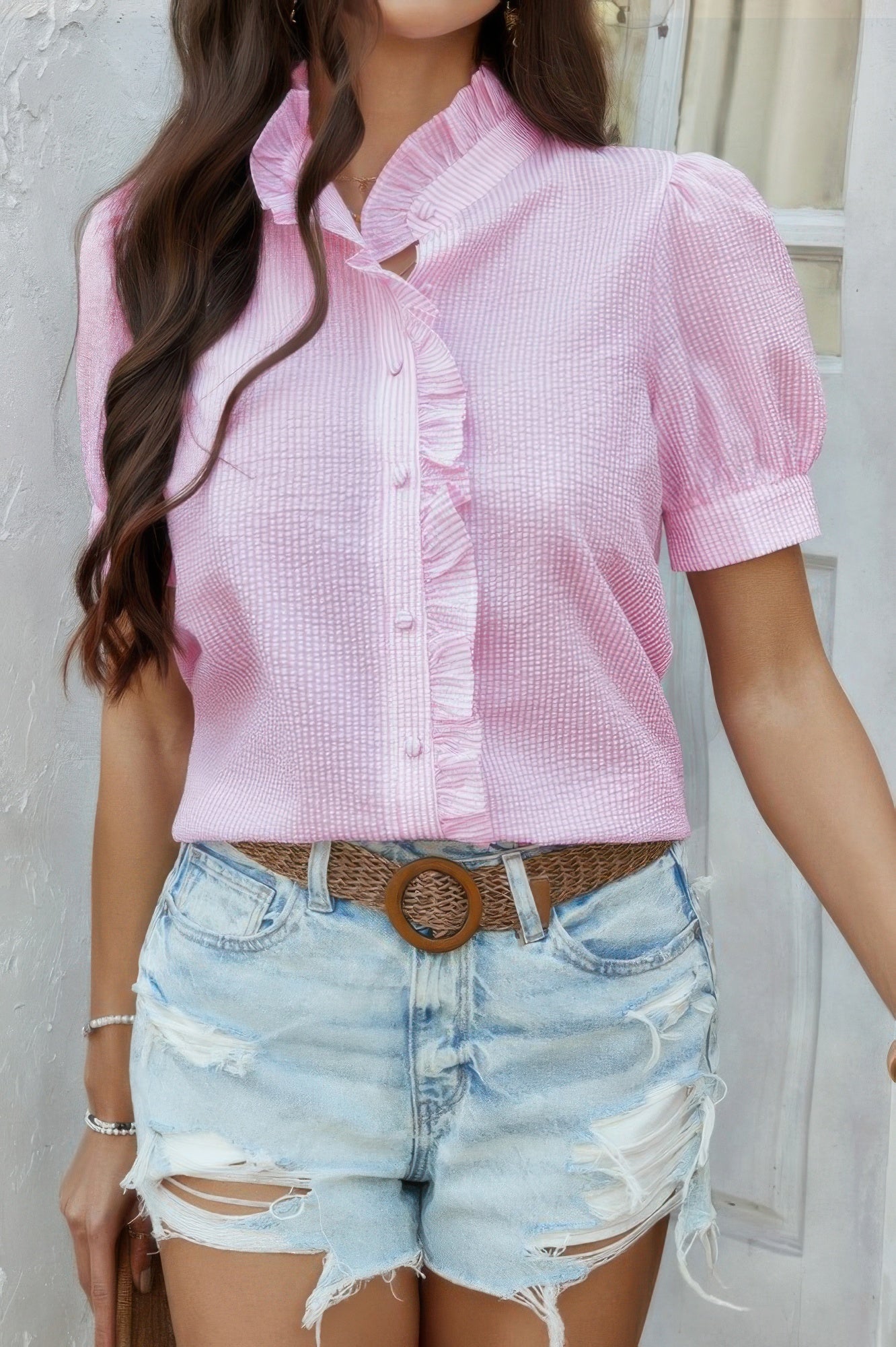 Stripe Button Down Ruffled Front Trim Shirt - Tigbul's Variety Fashion Shop