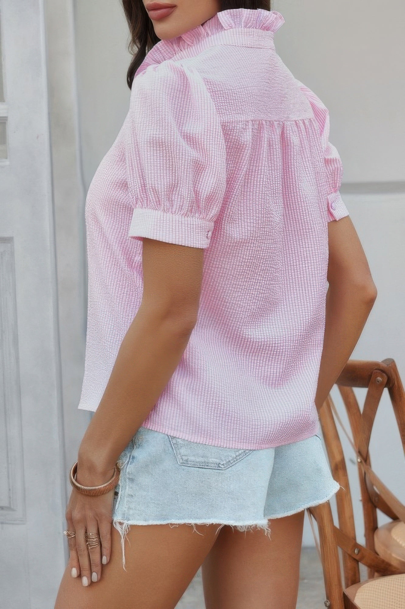 Stripe Button Down Ruffled Front Trim Shirt - Tigbul's Variety Fashion Shop