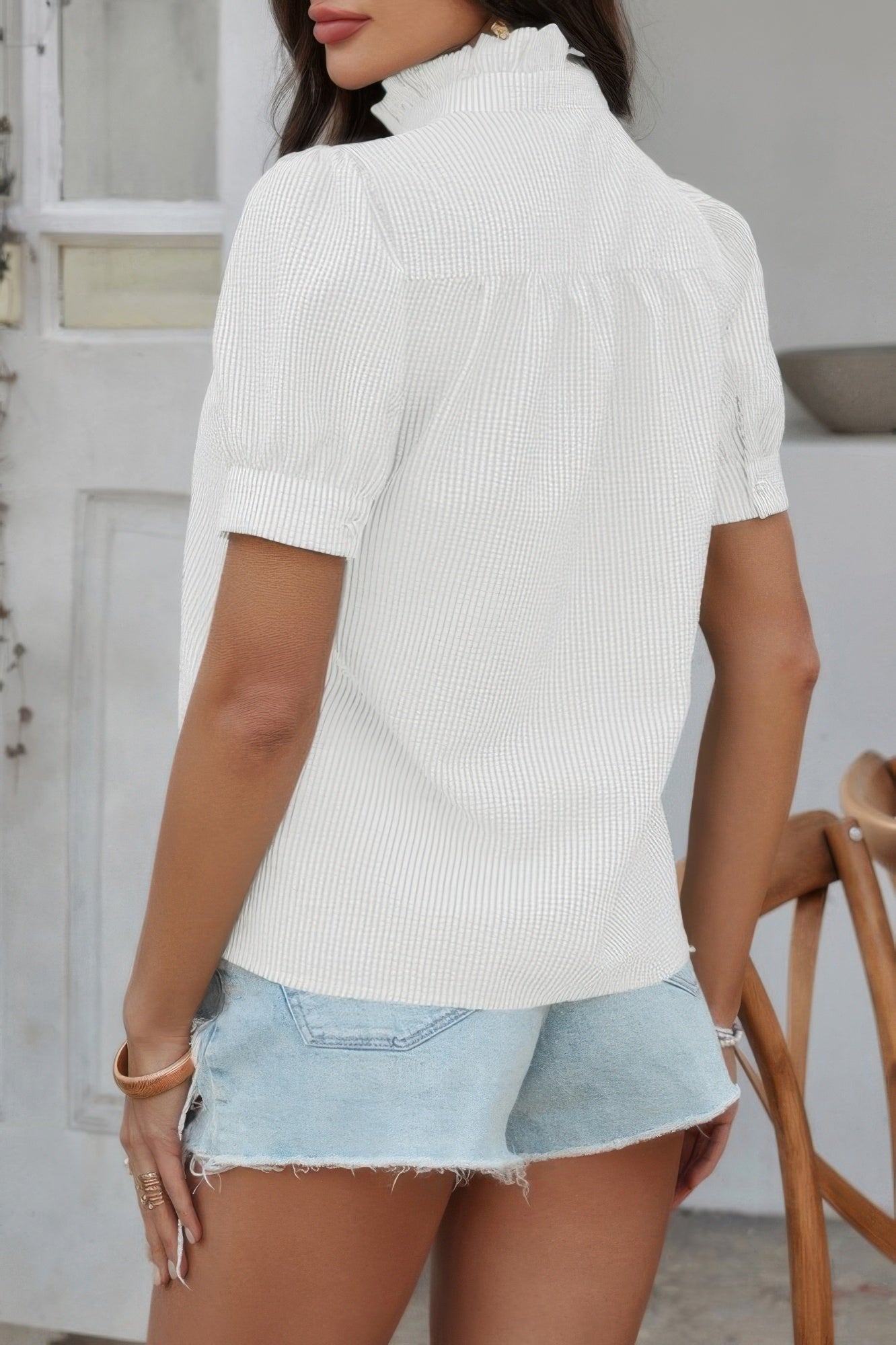 Stripe Button Down Ruffled Front Trim Shirt - Tigbul's Variety Fashion Shop