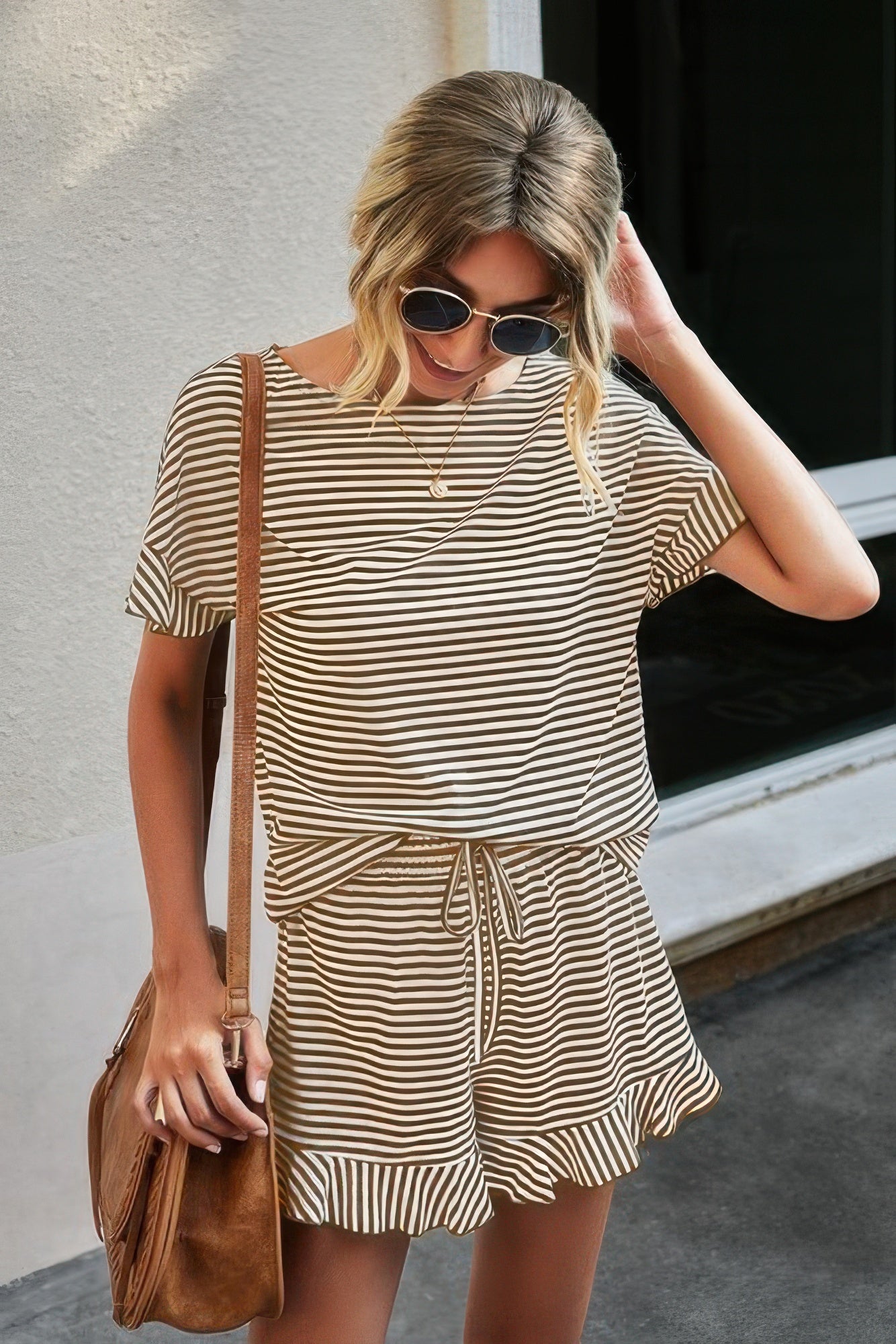 Round Neck Striped Top Short Set - Tigbul's Variety Fashion Shop