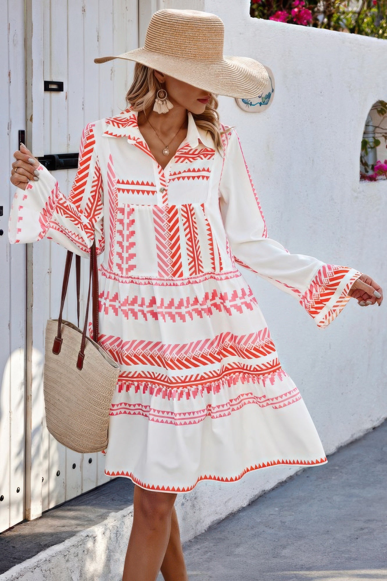 Geometric Printed Bell Ruffle Sleeve Button Dress - Tigbul's Variety Fashion Shop
