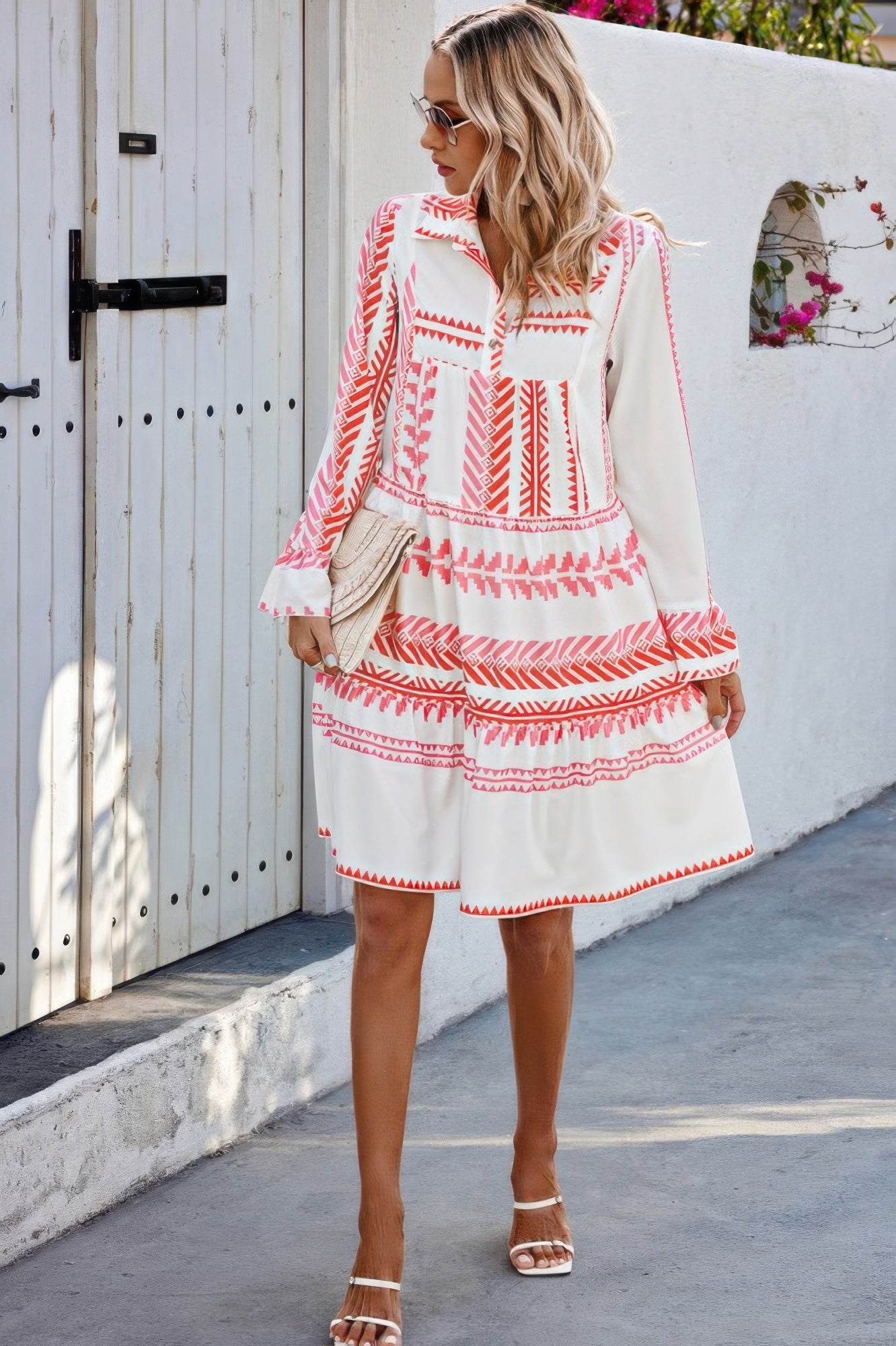 Geometric Printed Bell Ruffle Sleeve Button Dress - Tigbul's Variety Fashion Shop
