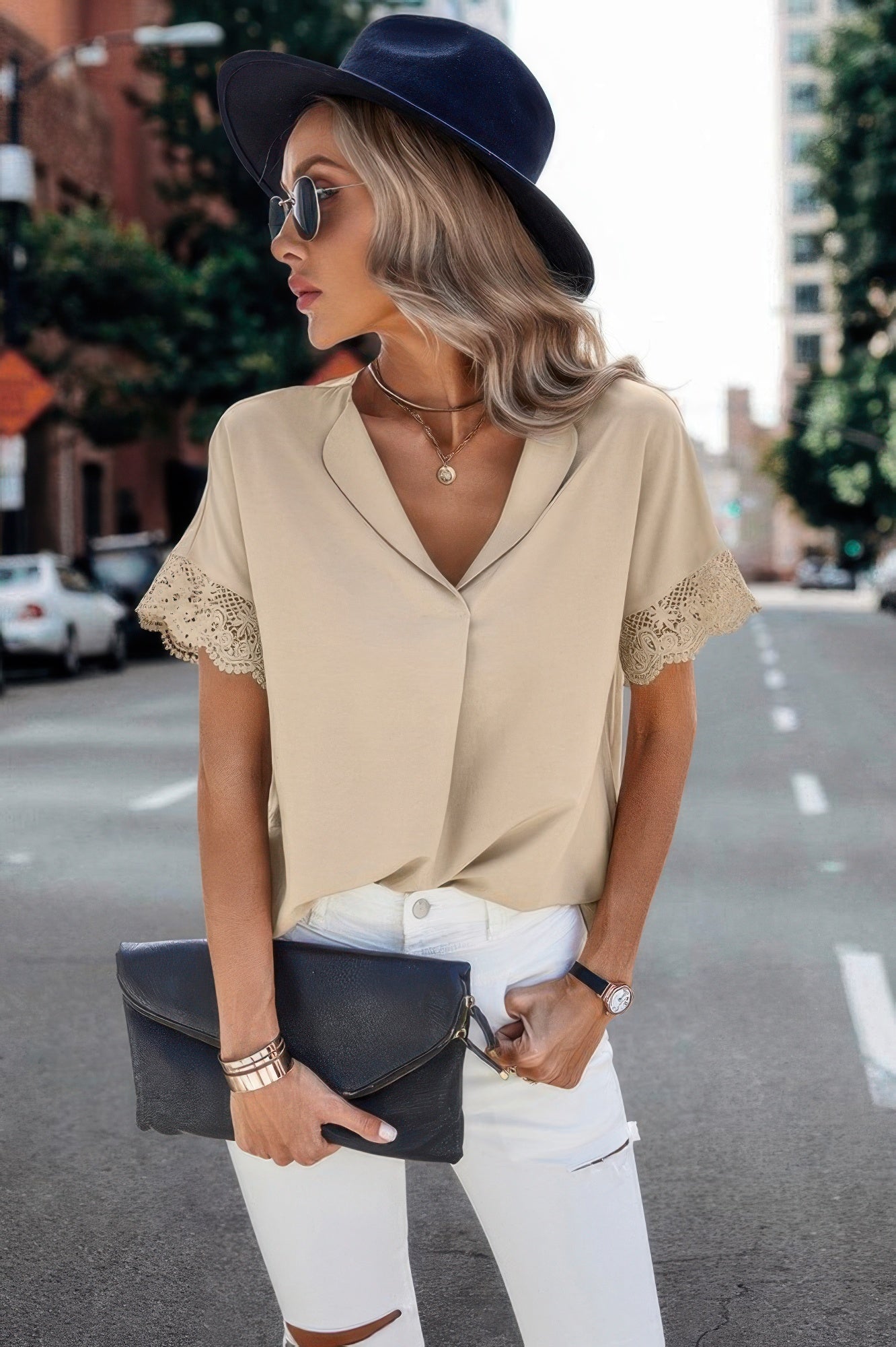 Color Block Lace Sleeve V Neck Solid Loose Fit Blouse - Tigbul's Variety Fashion Shop