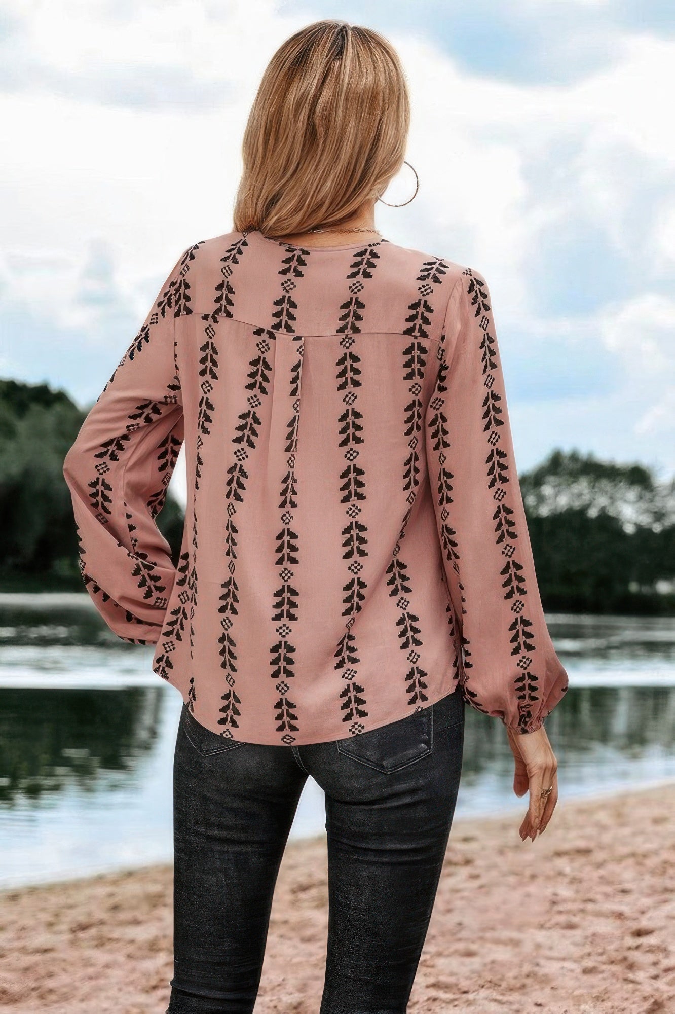 Graphic Print Strip Loose Fit V Neck Blouse - Tigbul's Variety Fashion Shop
