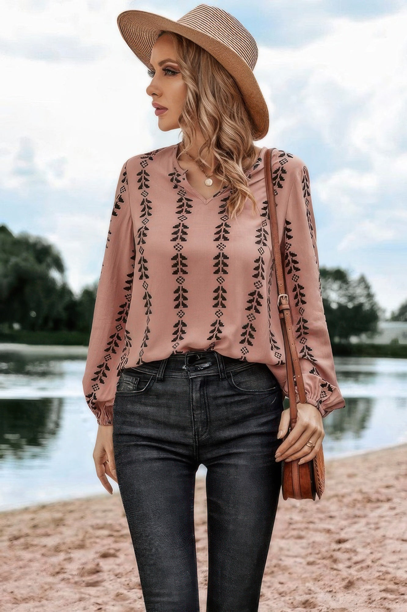 Graphic Print Strip Loose Fit V Neck Blouse - Tigbul's Variety Fashion Shop