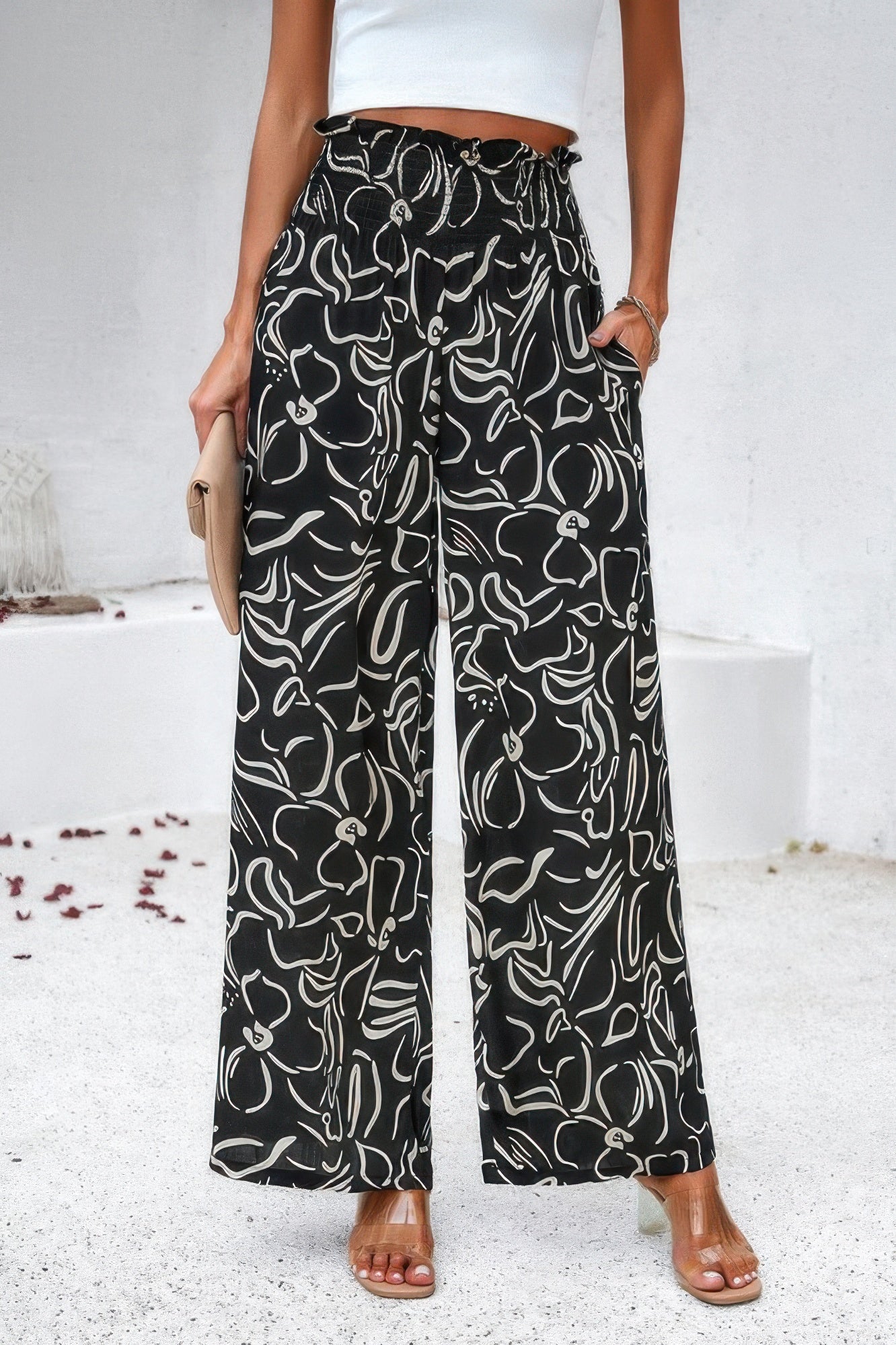 Allover Print Pockets Elastic Band Belt Pant - Tigbul's Variety Fashion Shop
