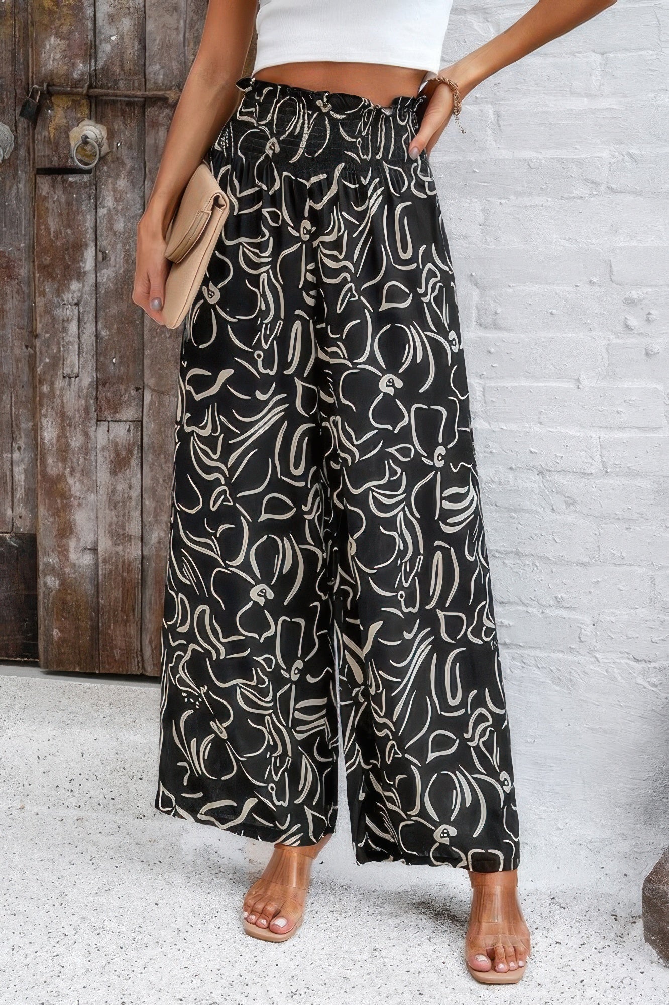 Allover Print Pockets Elastic Band Belt Pant - Tigbul's Variety Fashion Shop