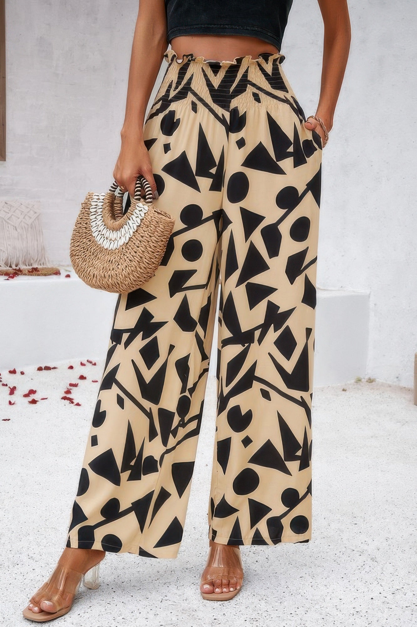 Allover Print Pockets Elastic Band Belt Pant - Tigbul's Variety Fashion Shop