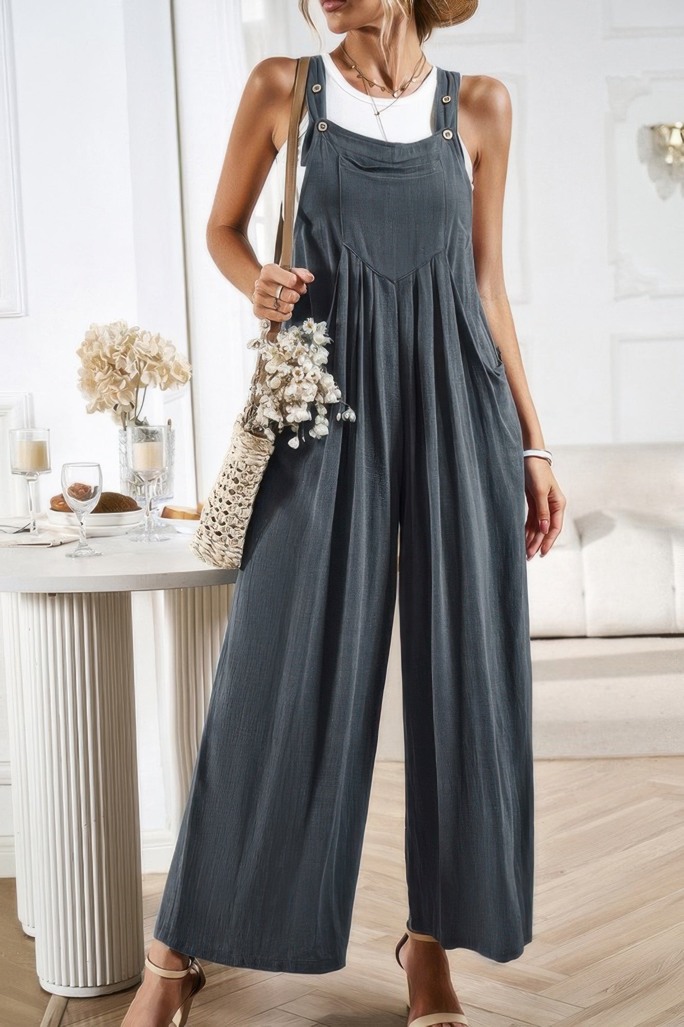 Solid Wide Leg Pocketed Shoulder Tie Overalls - Tigbul's Variety Fashion Shop