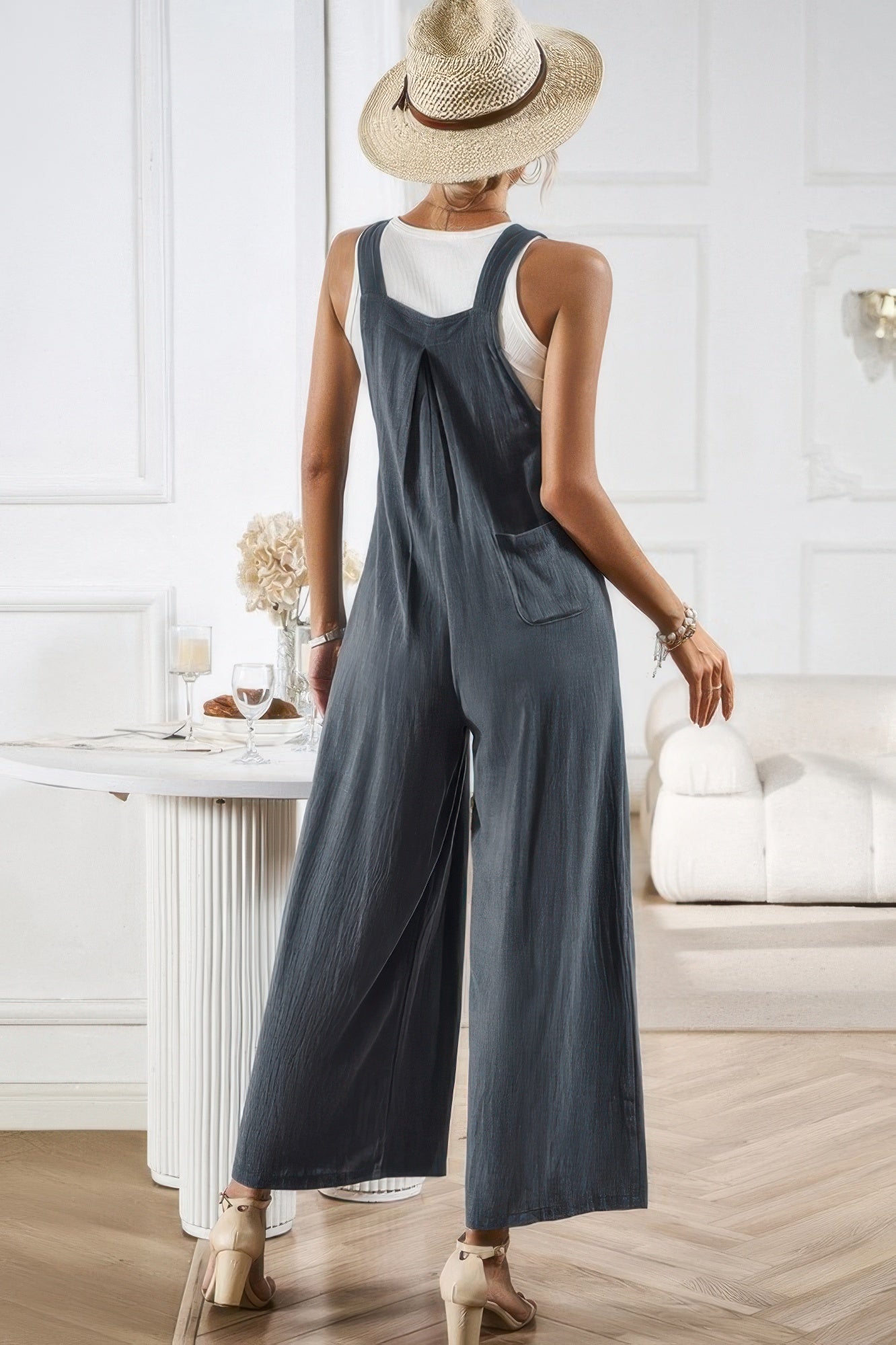 Solid Wide Leg Pocketed Shoulder Tie Overalls - Tigbul's Variety Fashion Shop