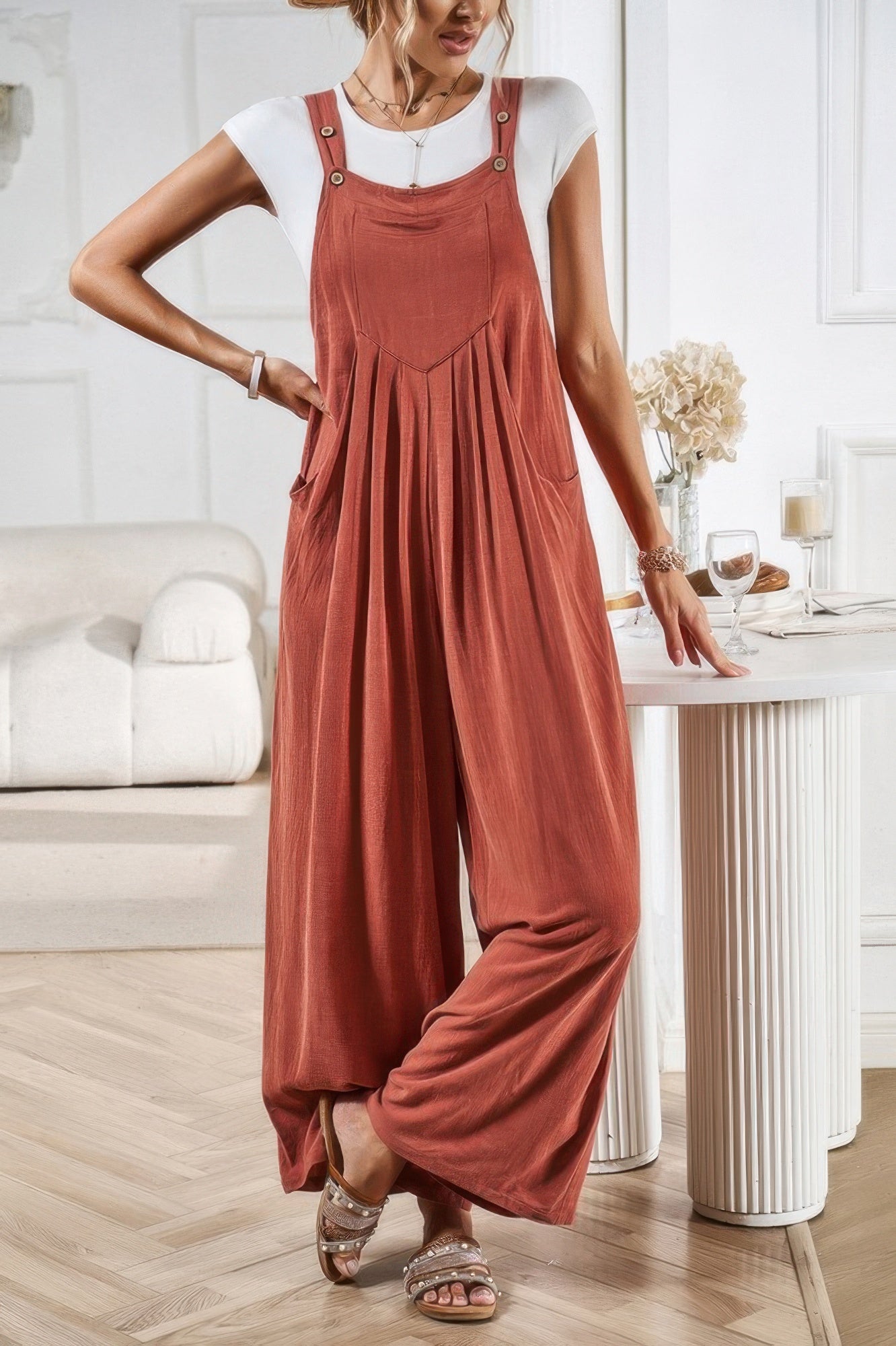Solid Wide Leg Pocketed Shoulder Tie Overalls - Tigbul's Variety Fashion Shop