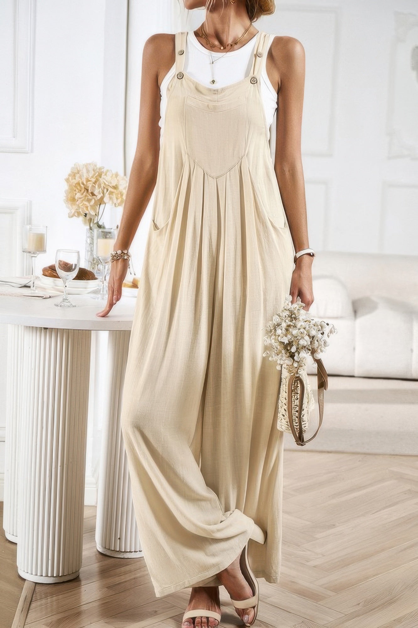 Solid Wide Leg Pocketed Shoulder Tie Overalls - Tigbul's Variety Fashion Shop