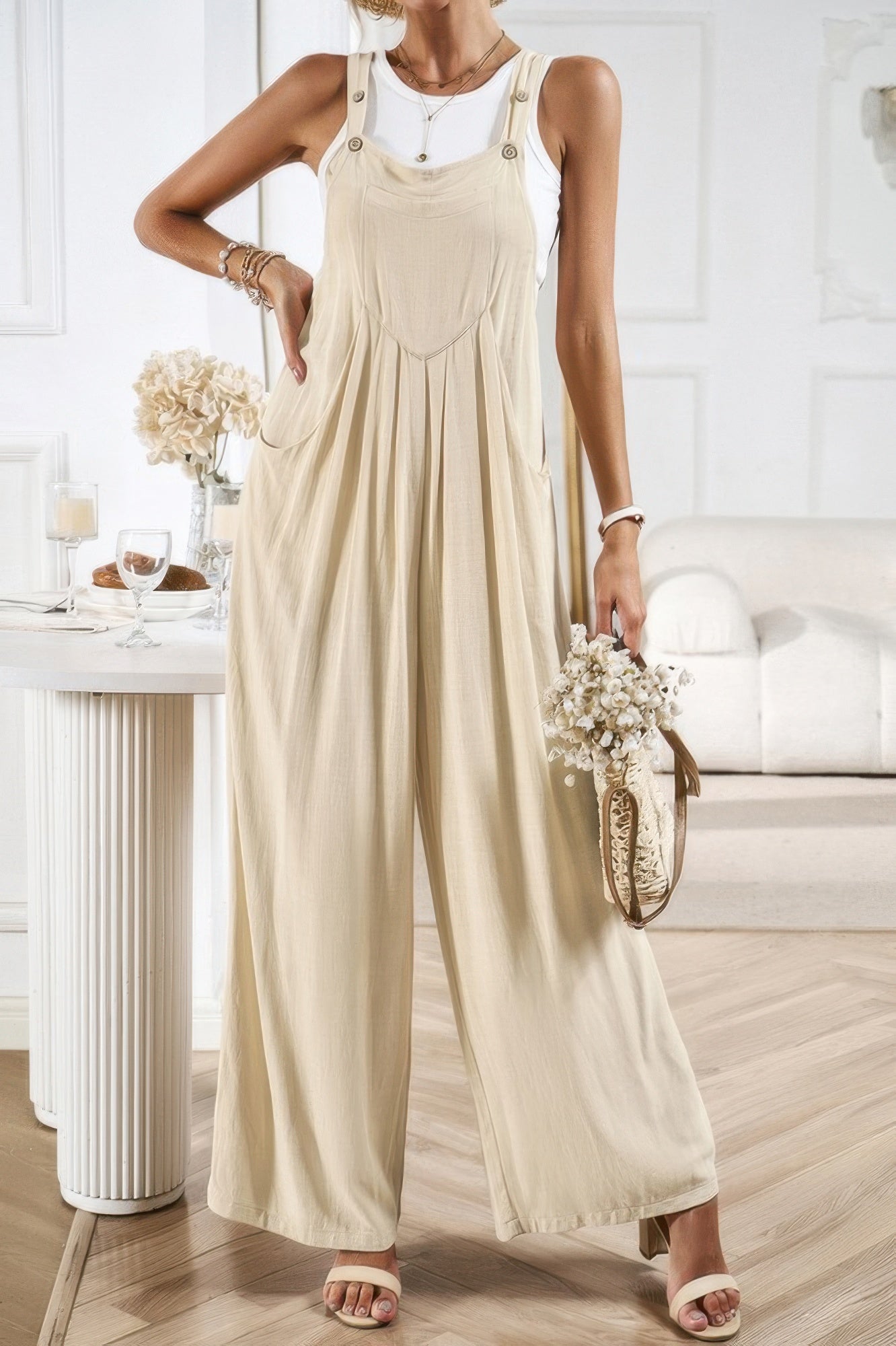 Solid Wide Leg Pocketed Shoulder Tie Overalls - Tigbul's Variety Fashion Shop