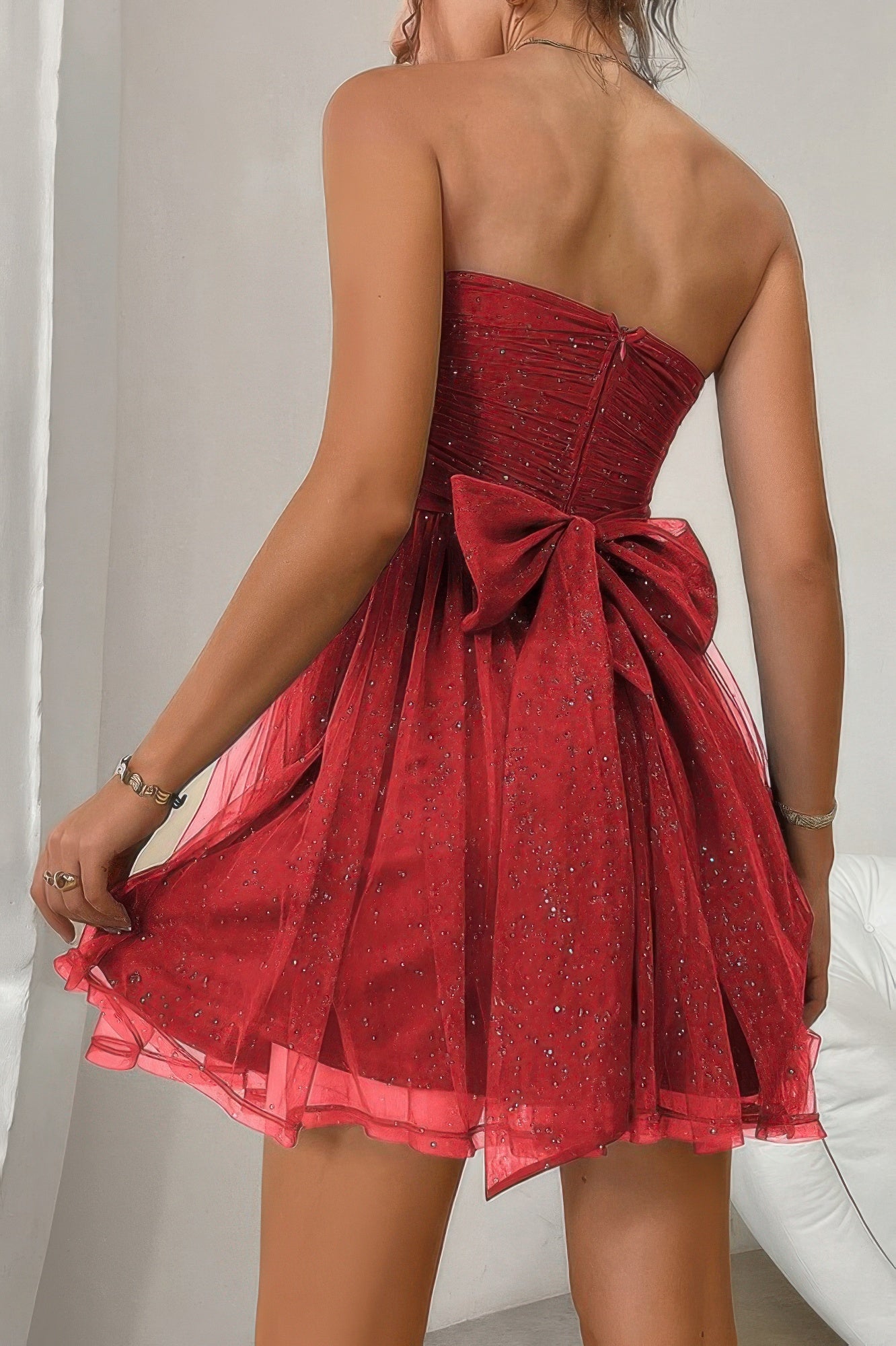 Off Shoulder Ruched Knot Zipper Pleated Short Dress - Tigbul's Variety Fashion Shop