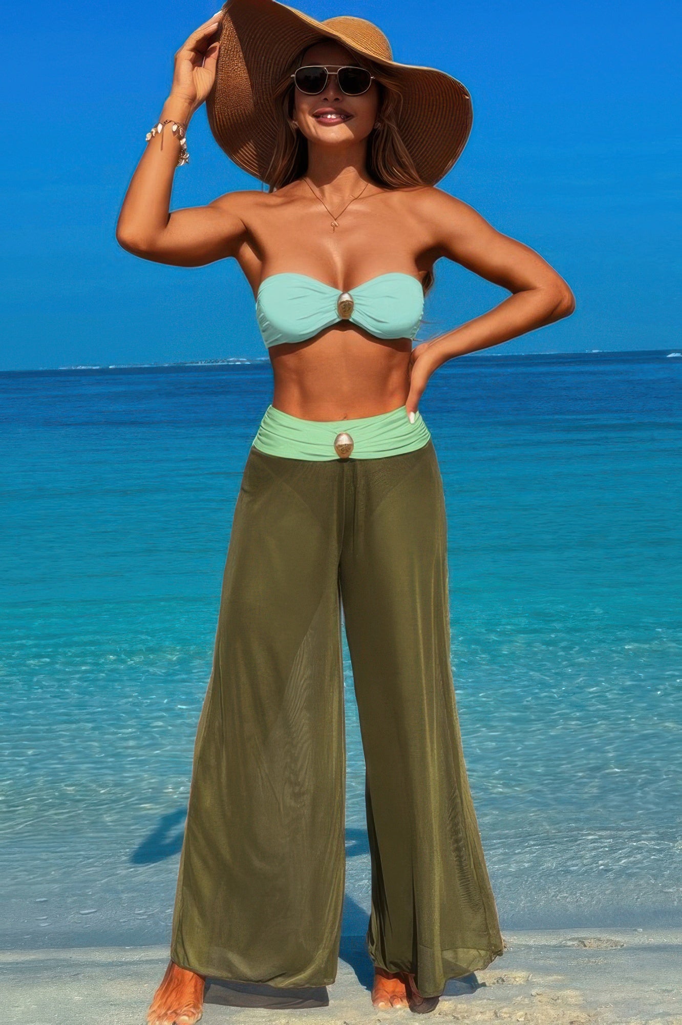Solid Color Metal Decor Beach Bikini Pants Set - Tigbul's Variety Fashion Shop