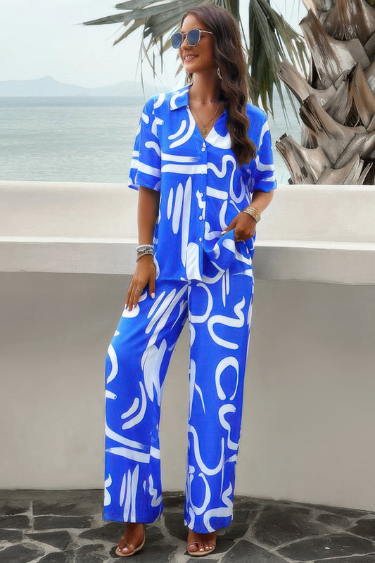 Print Front Button Two Pieces Blouse Sets - Tigbul's Variety Fashion Shop