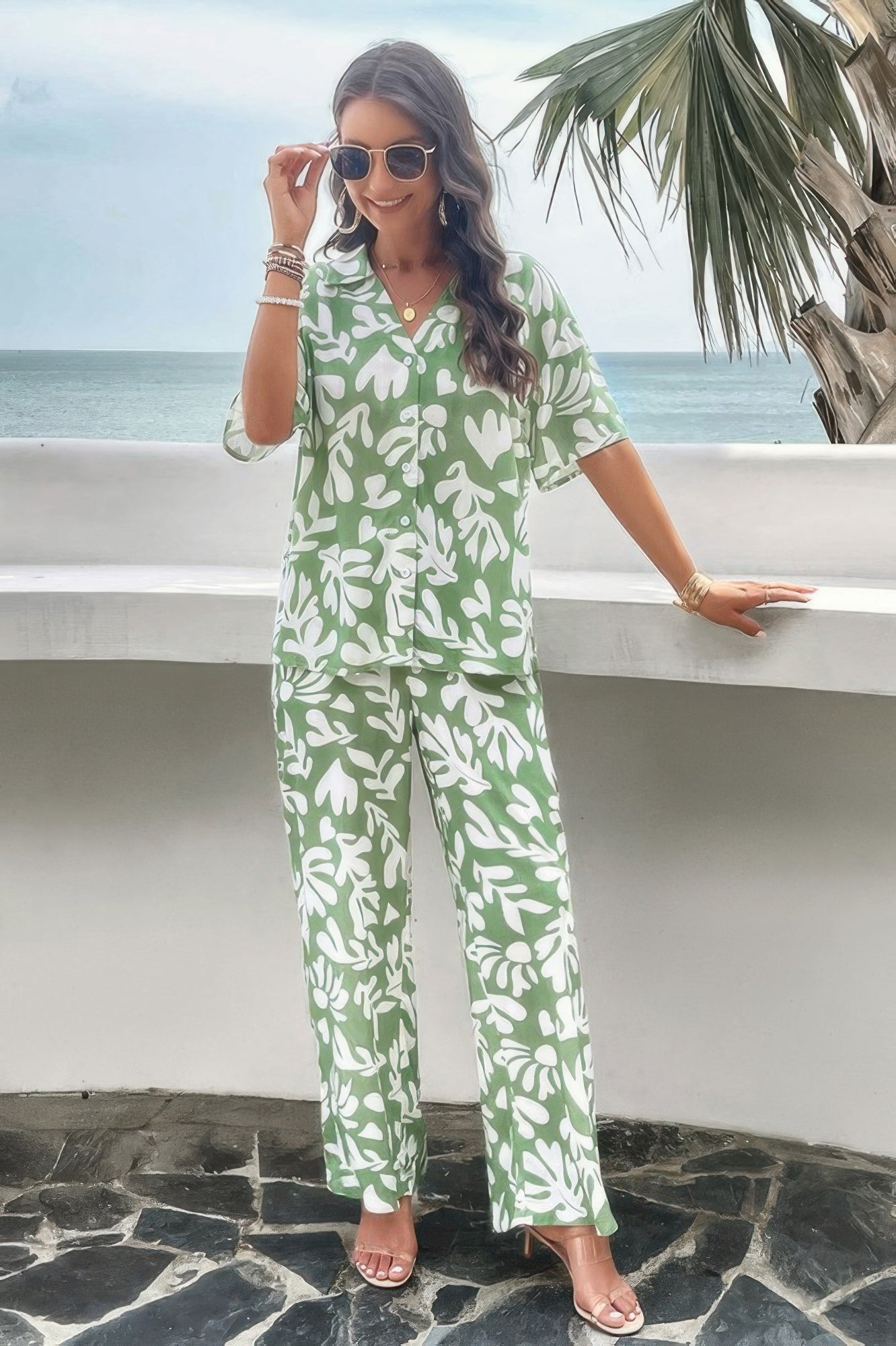 Print Front Button Two Pieces Blouse Sets - Tigbul's Variety Fashion Shop