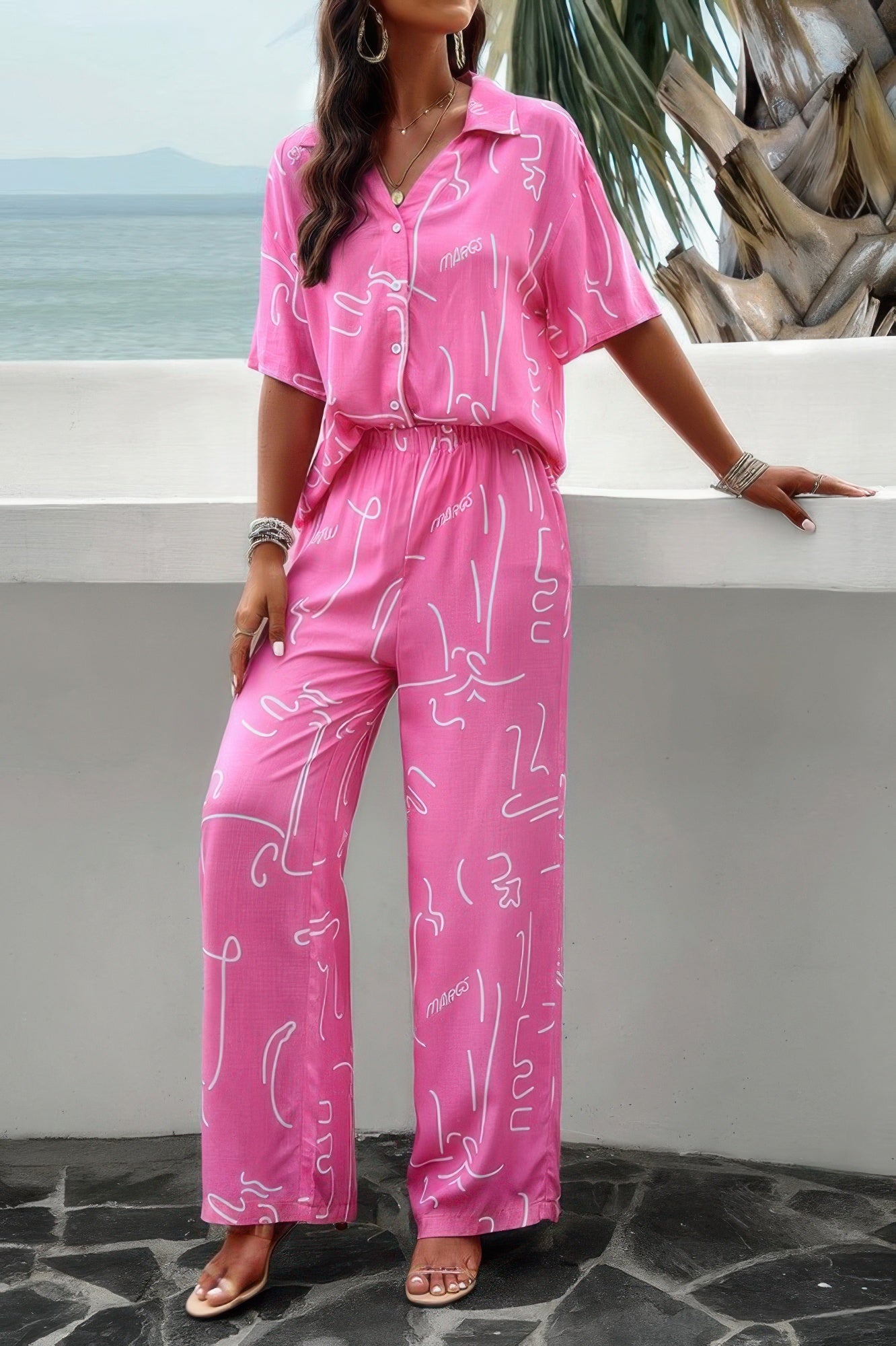 Print Front Button Two Pieces Blouse Sets - Tigbul's Variety Fashion Shop